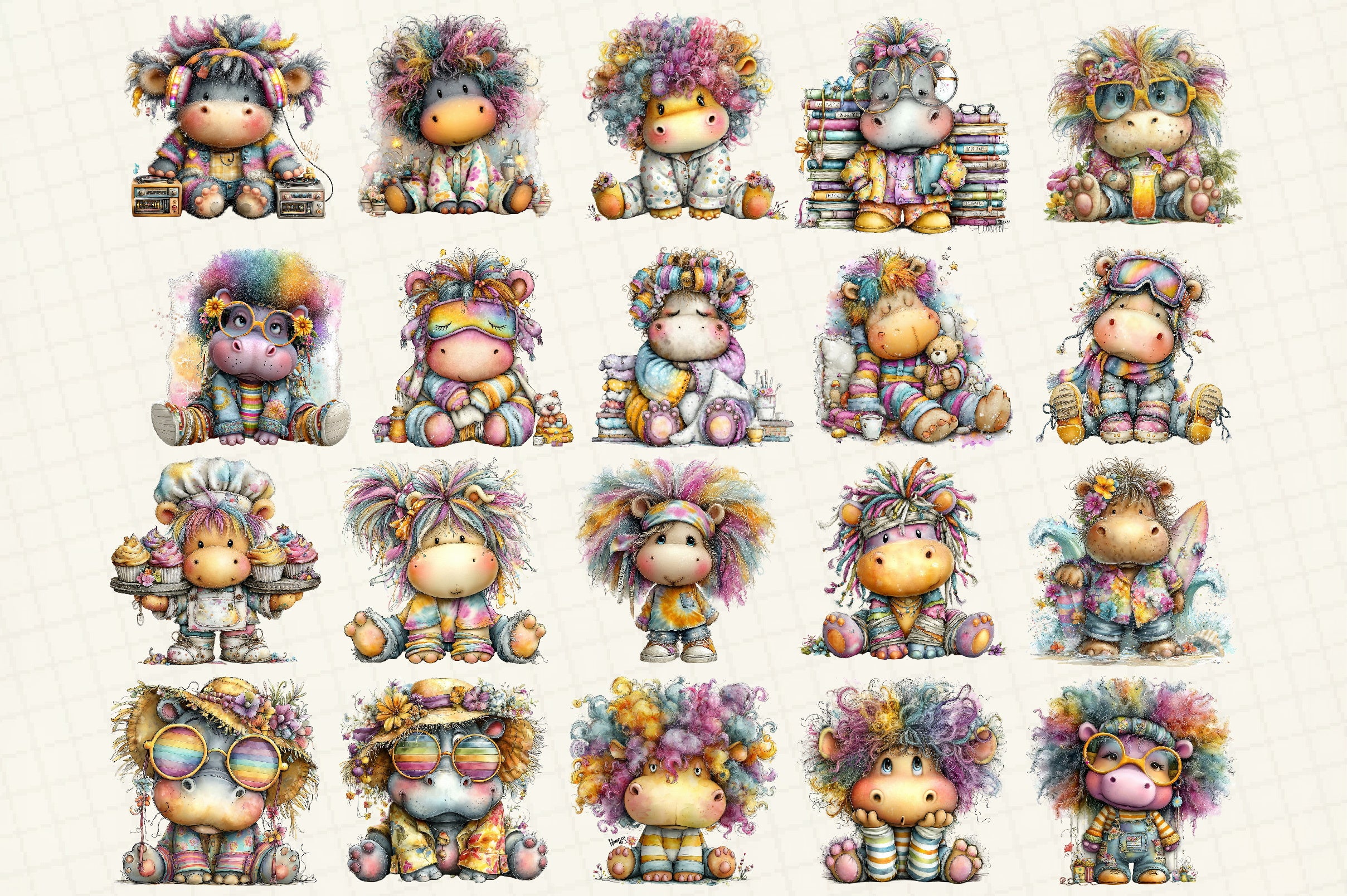 Whimsical Hippopotamus Clipart Bundle