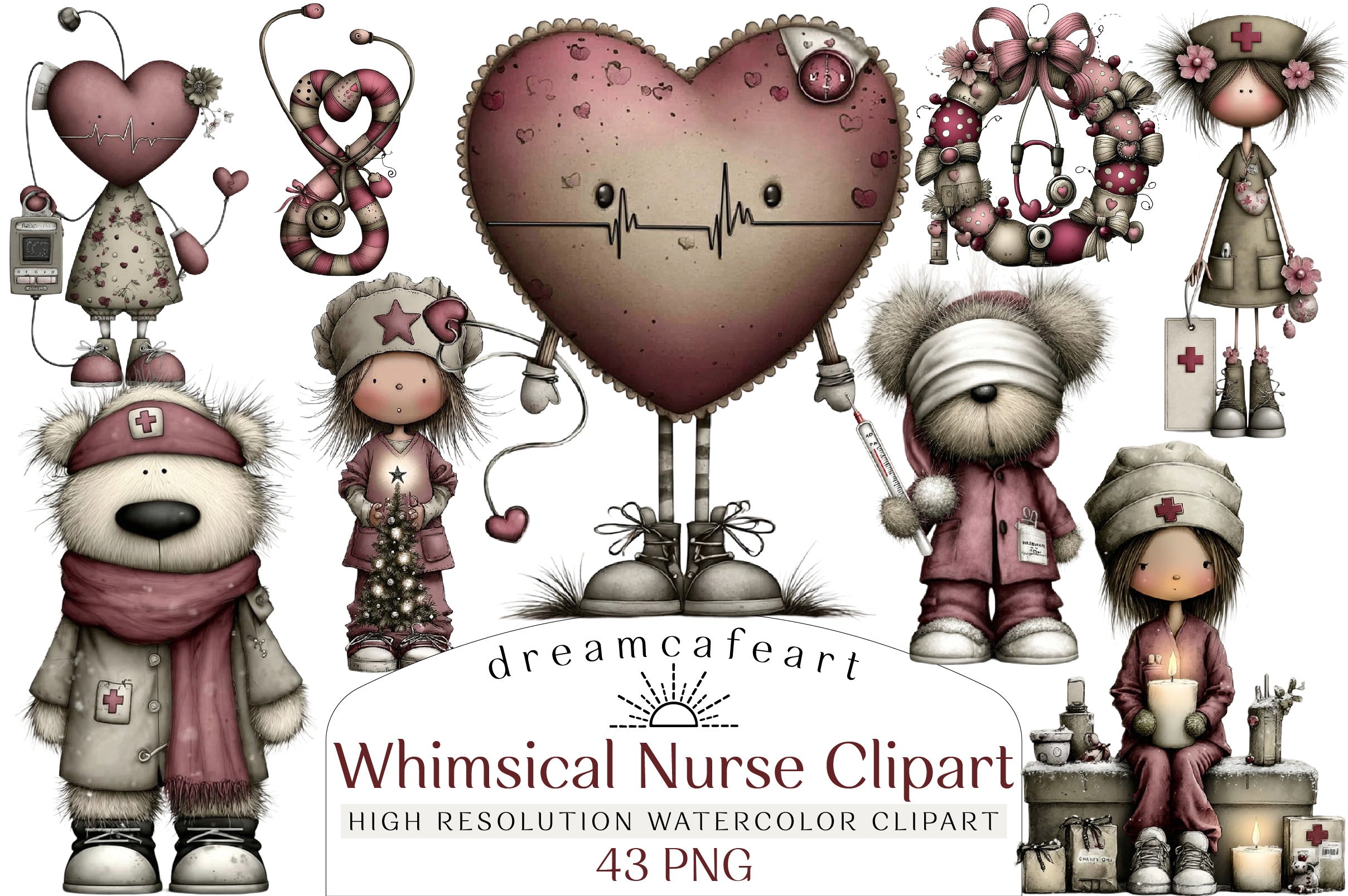 Whimsical Nurse Christmas Clipart Bundle
