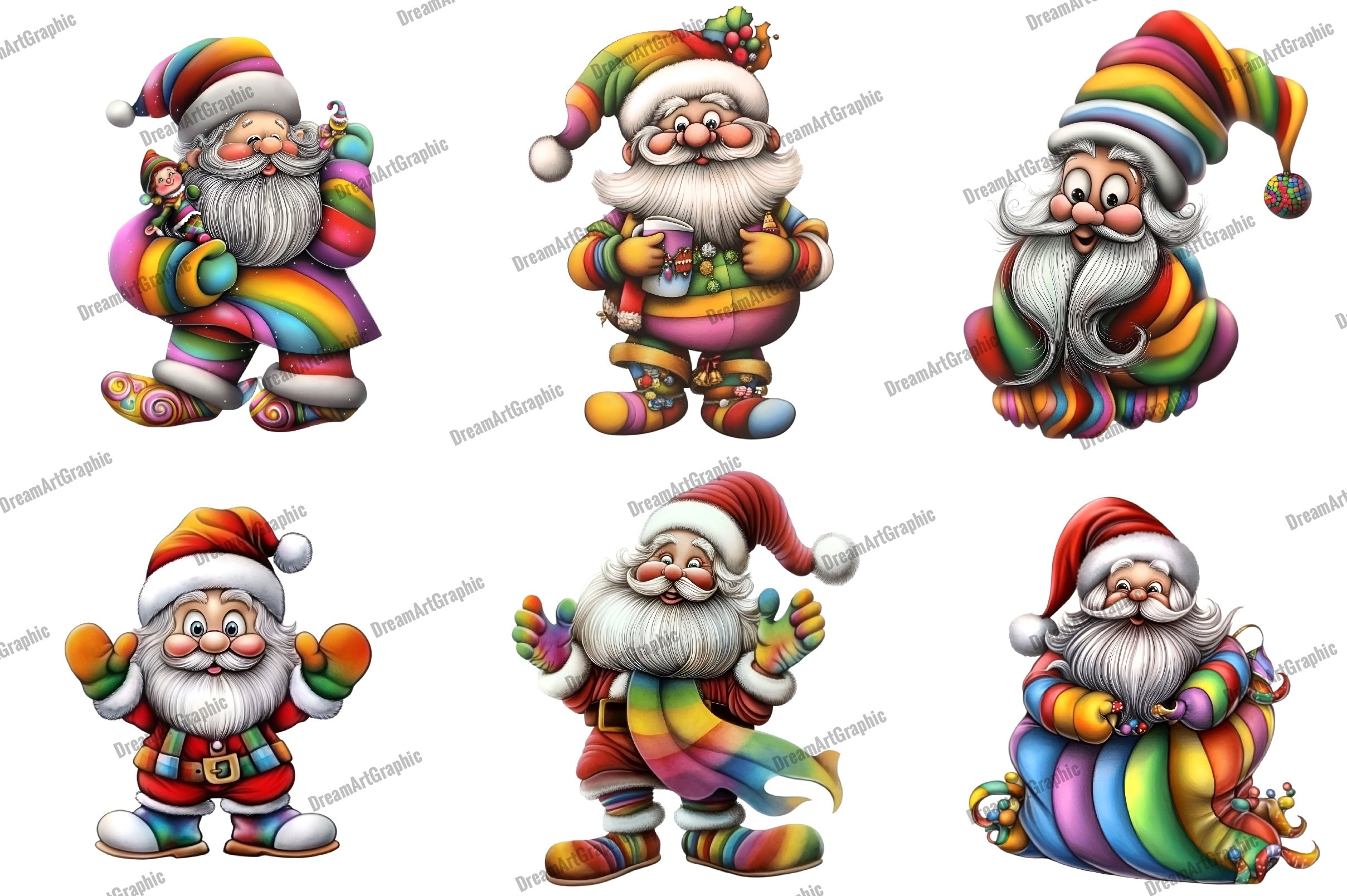 Whimsical Rainbow Santa Clipart Bundle