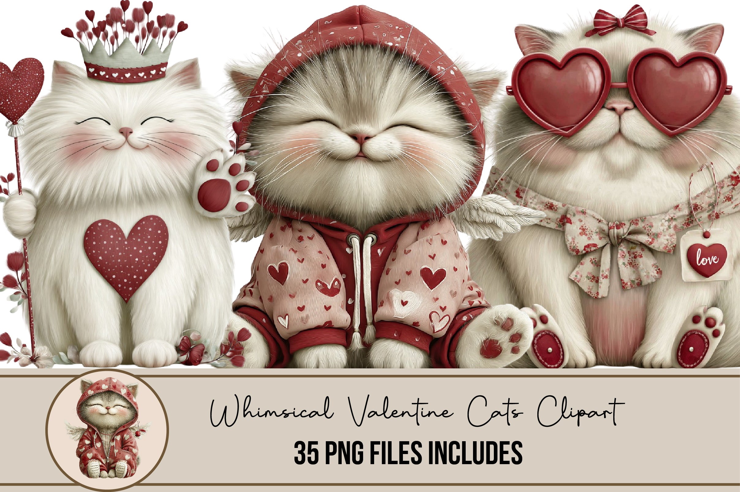 Whimsical Valentine Cats Clipart Bundle