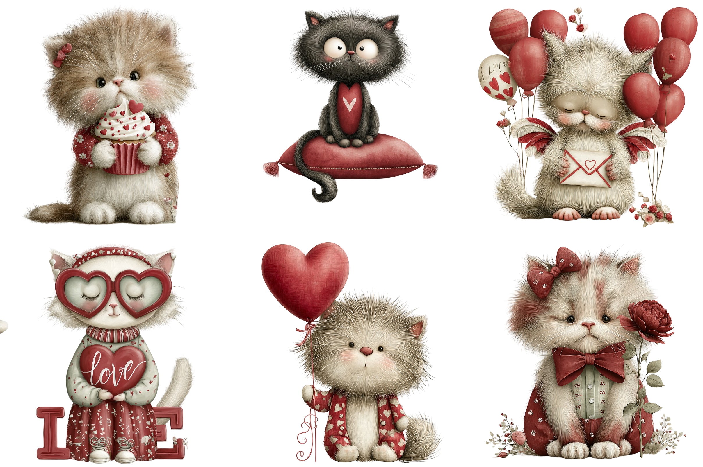 Whimsical Valentine Cats Clipart Bundle