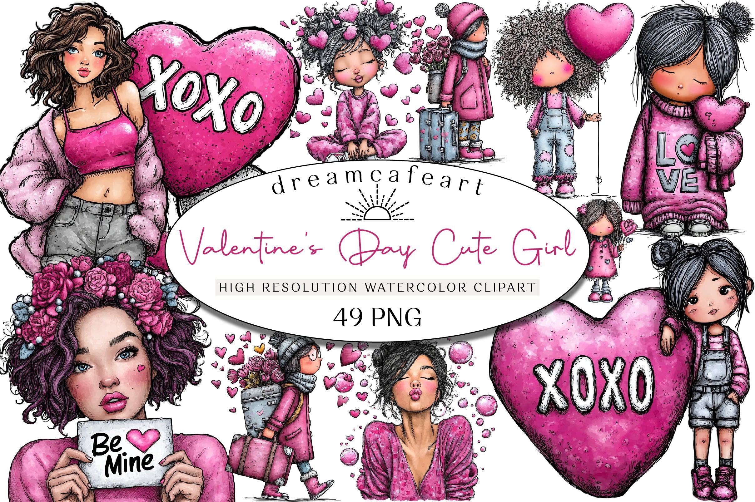 Whimsical Valentine's Day Cute Girl Clipart Bundle