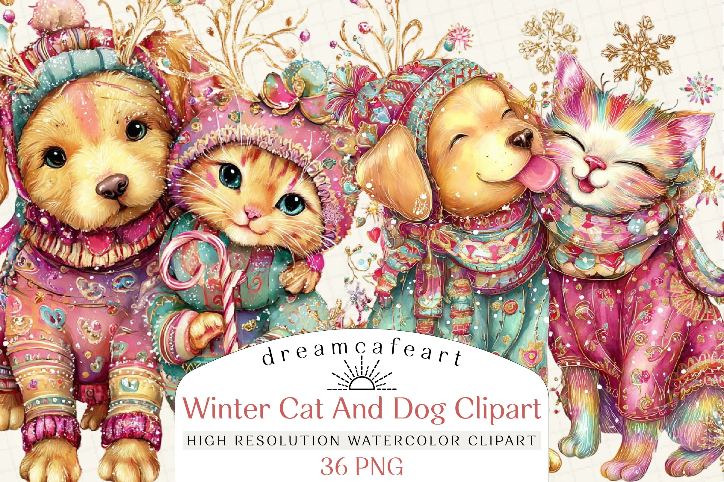 Whimsical Winter Cat & Dog Clipart Bundle
