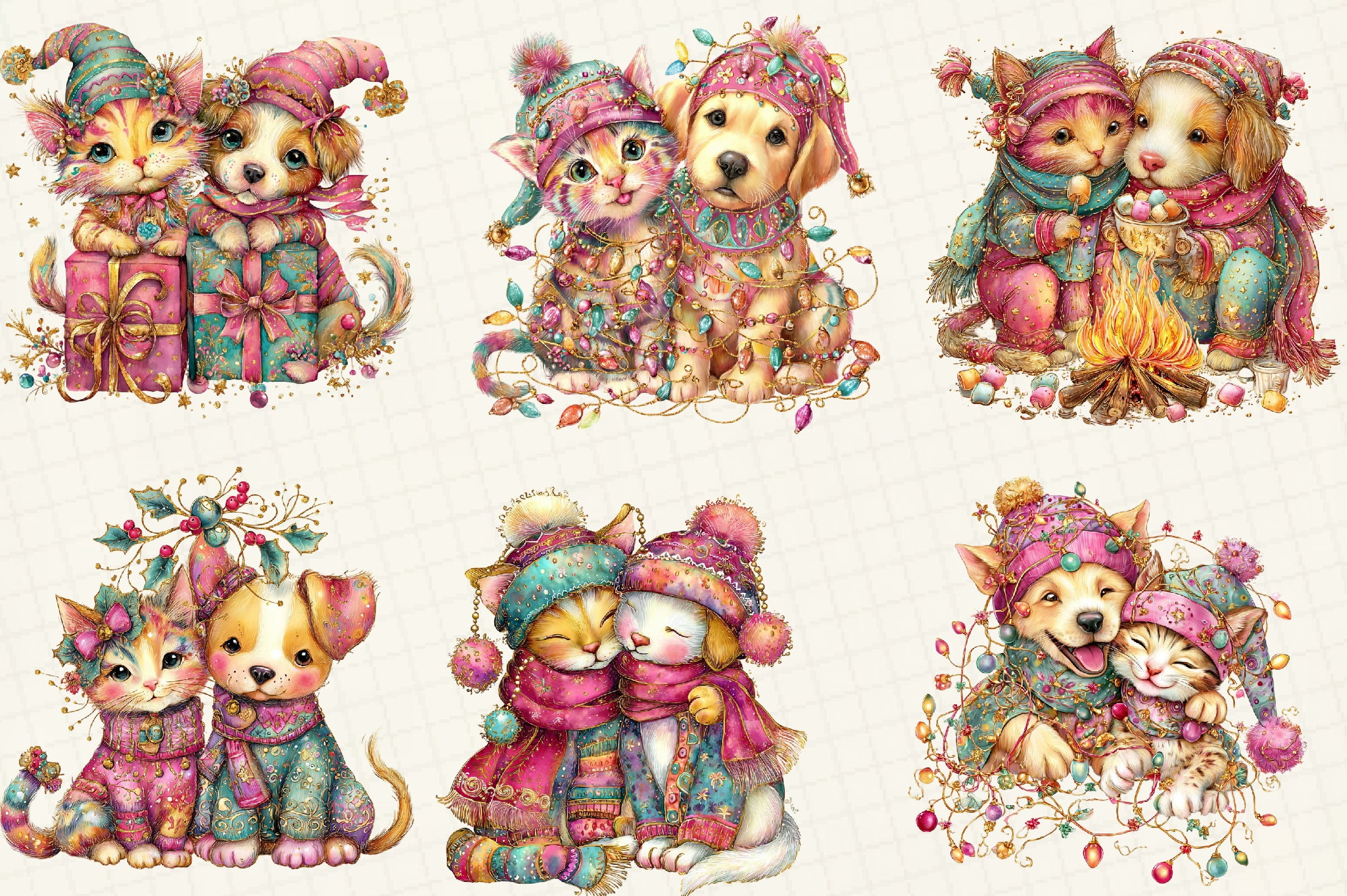 Whimsical Winter Cat & Dog Clipart Bundle