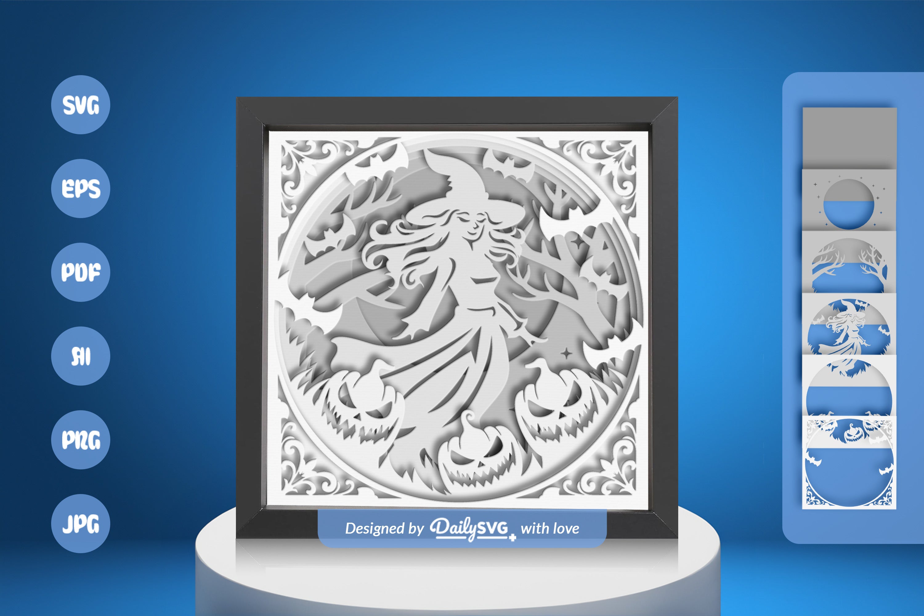 Witch in Halloween Night Scene White Papercut SVG Bundle