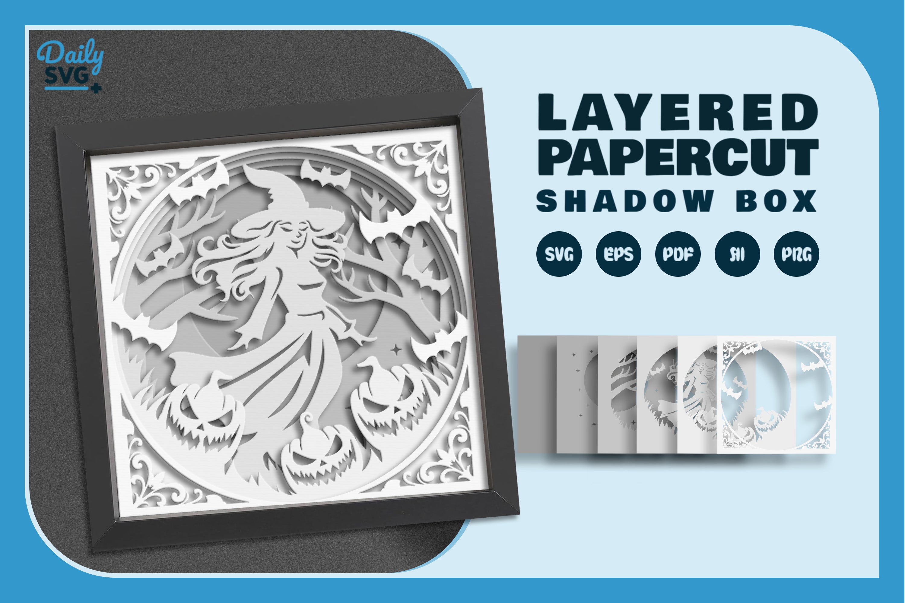 Witch in Halloween Night Scene White Papercut SVG Bundle