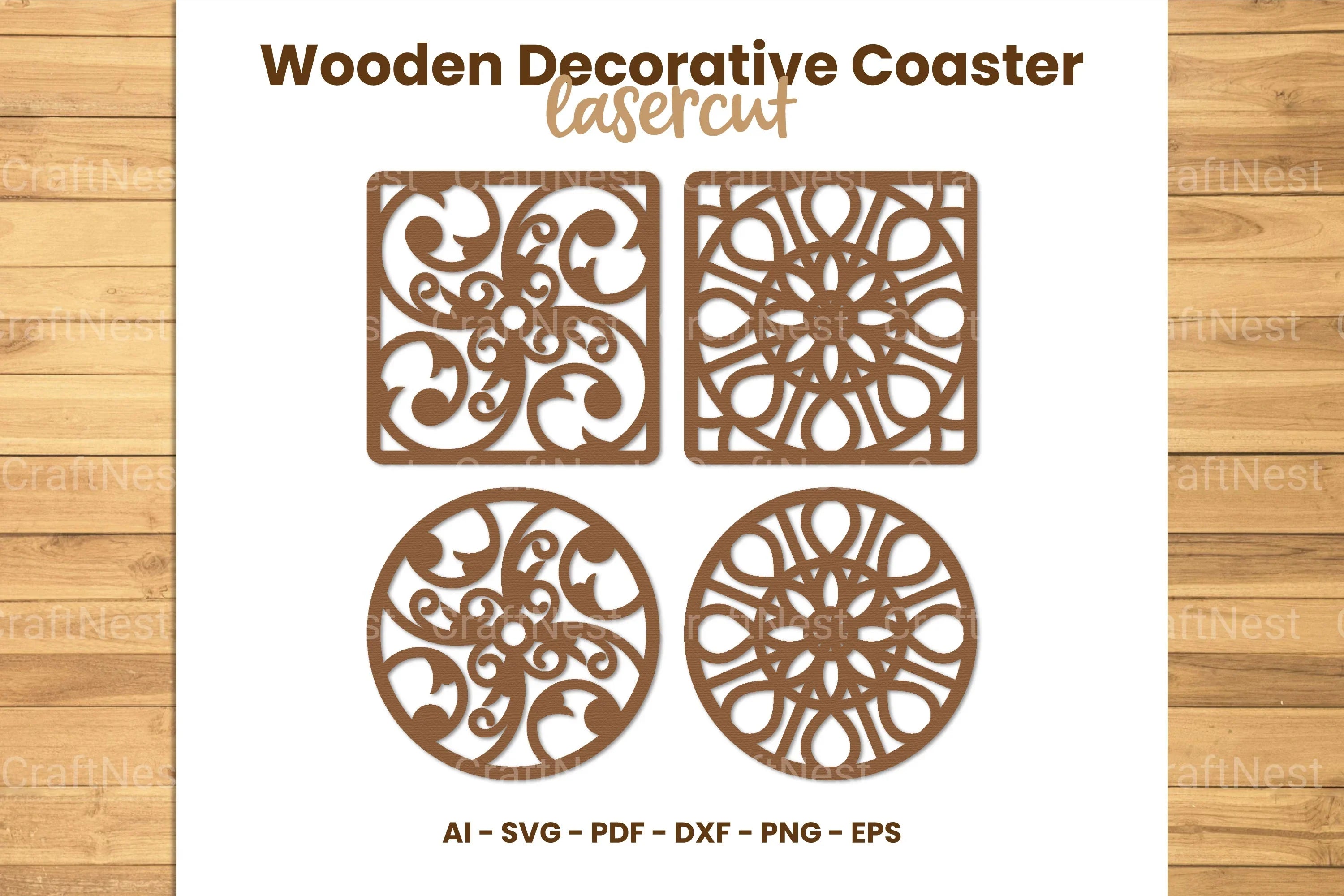 Wooden Decorative Coaster Lasercut SVG Bundle - CraftNest - Digital Crafting and Art