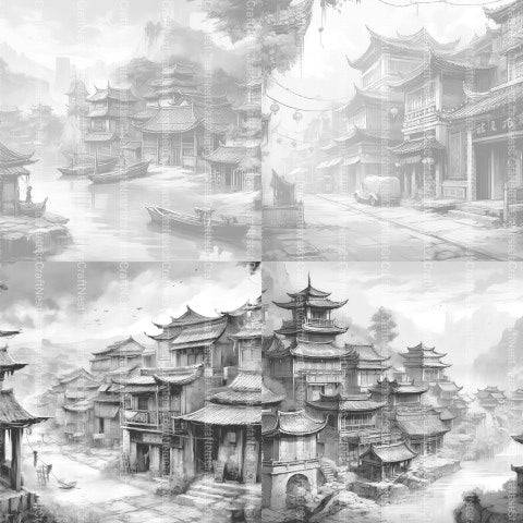 Old Chinese Village Coloring Book - CraftNest - Digital Crafting and Art