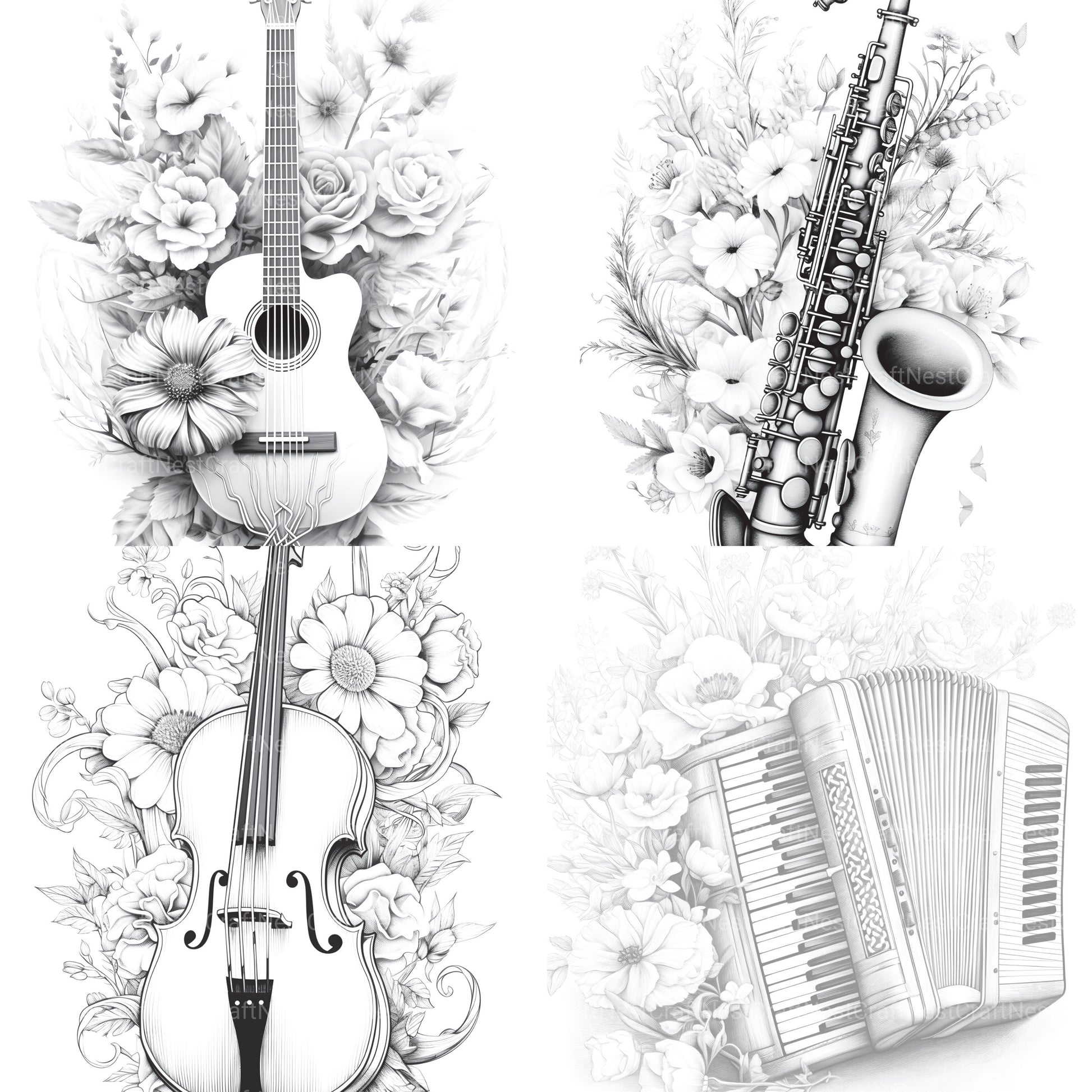 Flower Instrument Coloring Book - CraftNest - Digital Crafting and Art