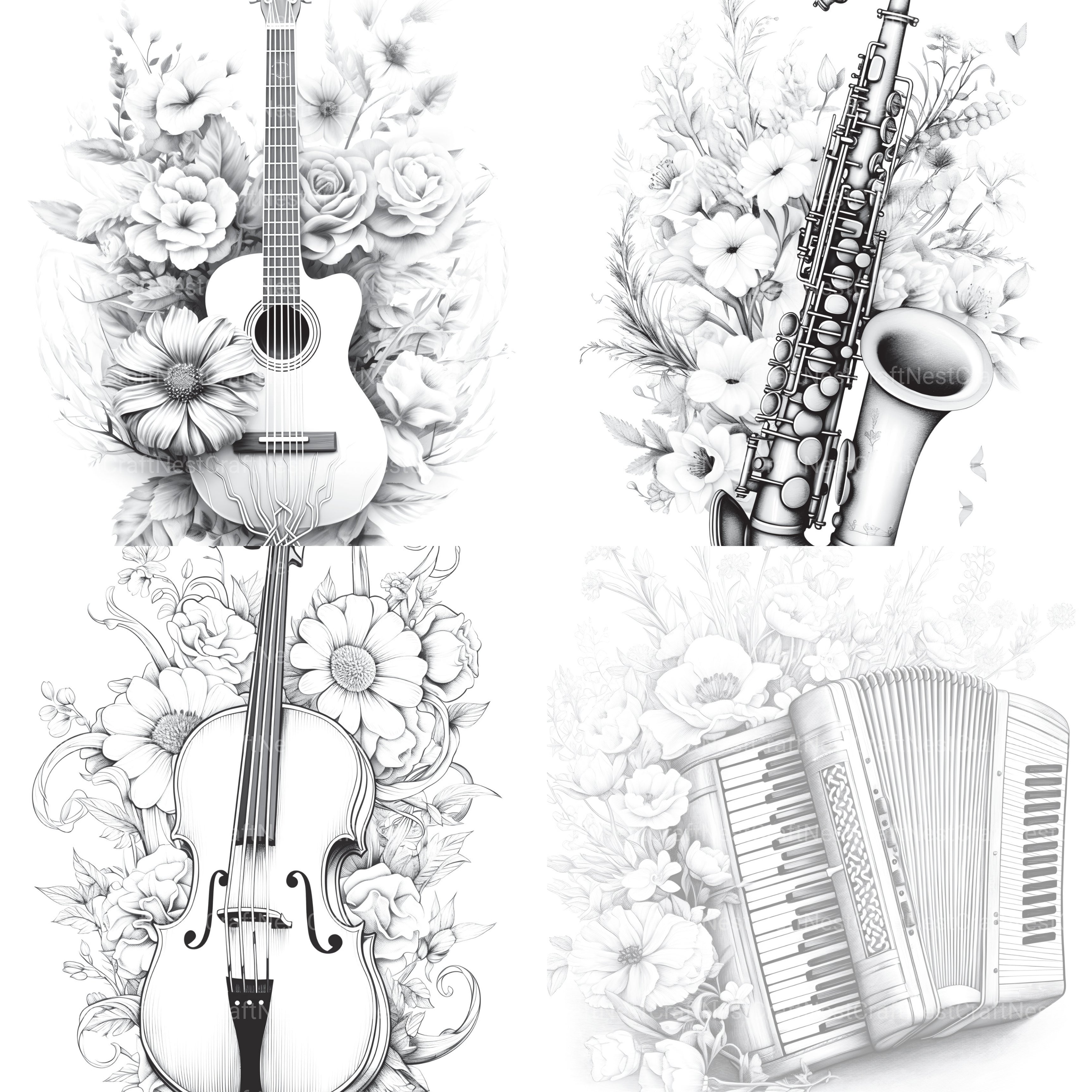 Flower Instrument Coloring Book - CraftNest - Digital Crafting and Art