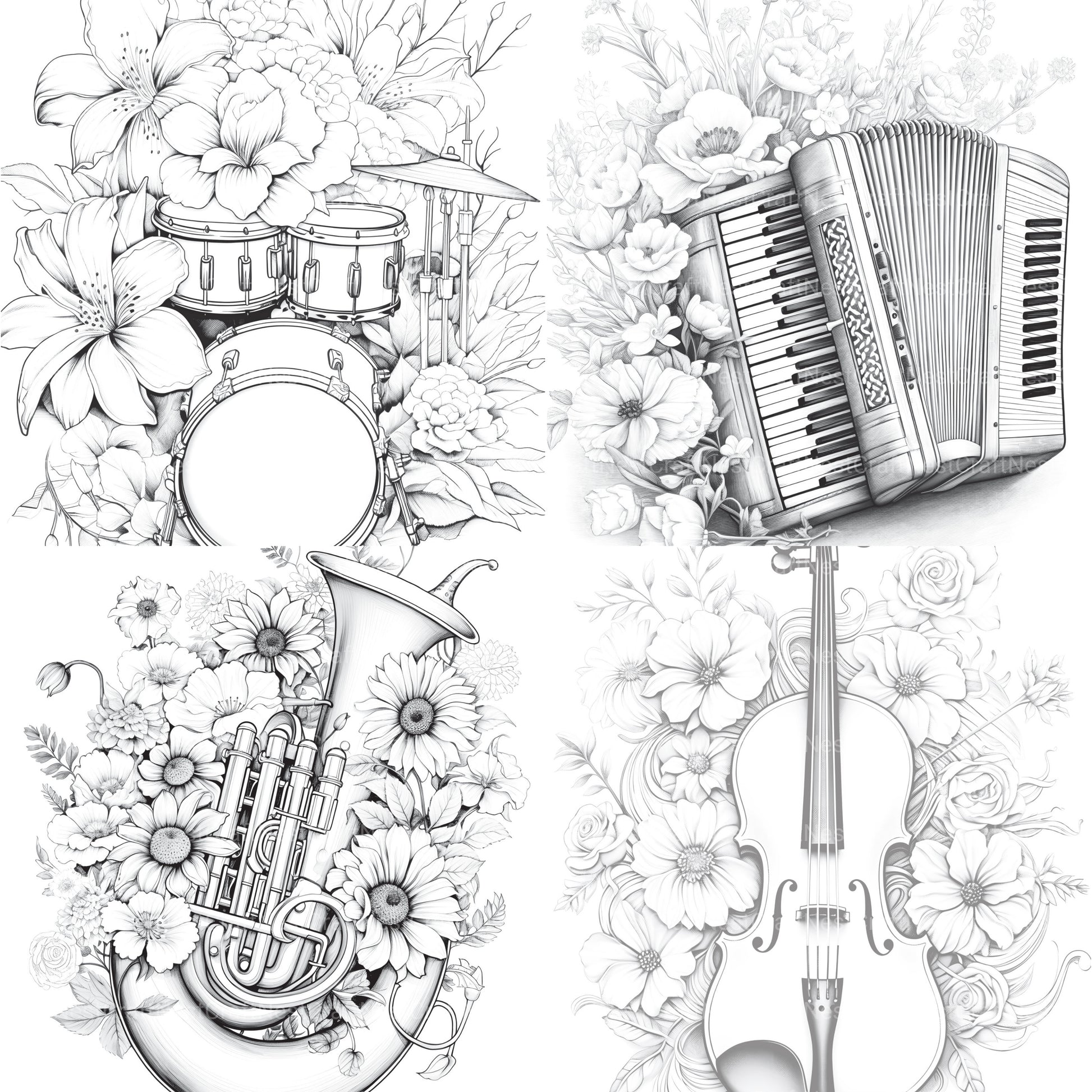 Flower Instrument Coloring Book - CraftNest - Digital Crafting and Art