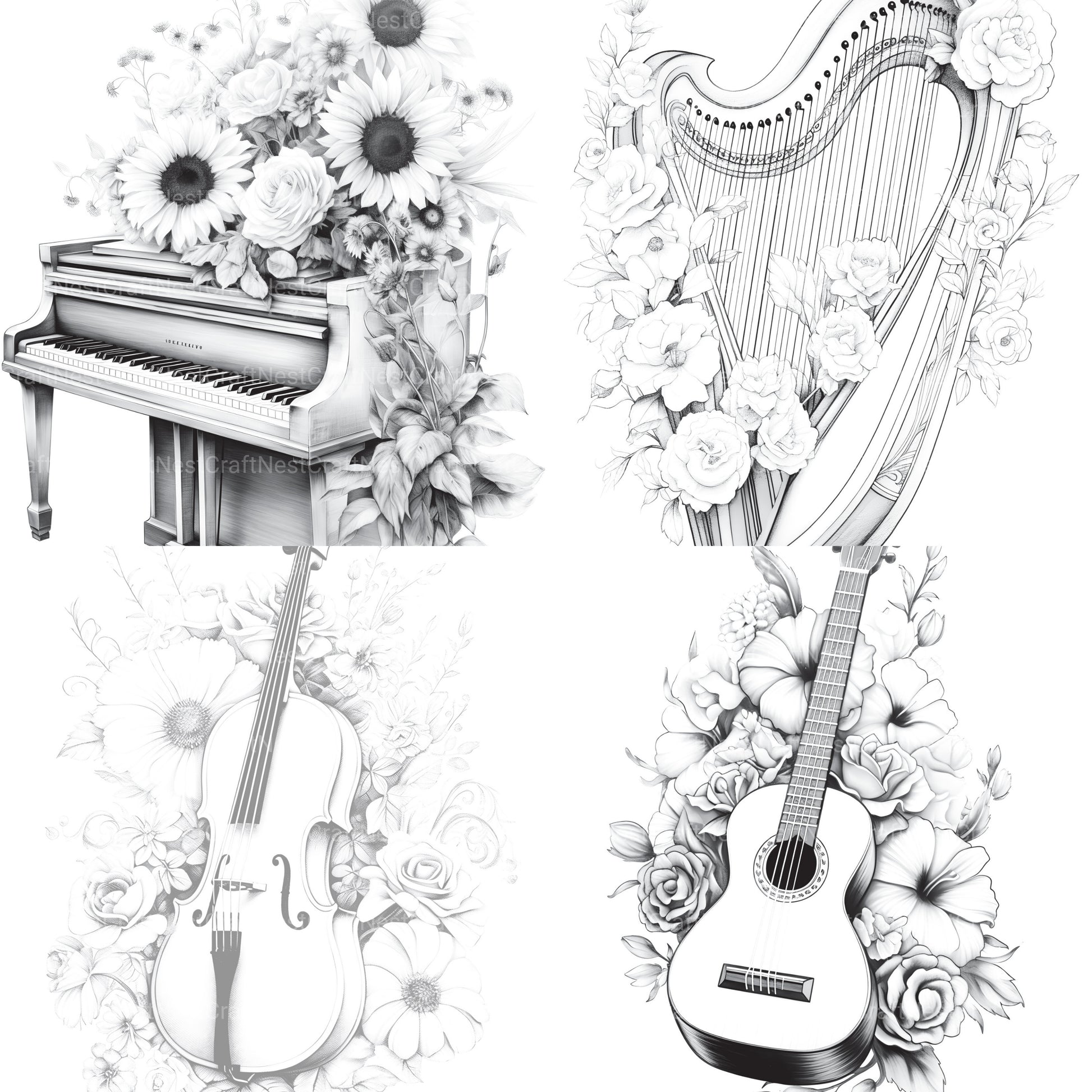 Flower Instrument Coloring Book - CraftNest - Digital Crafting and Art