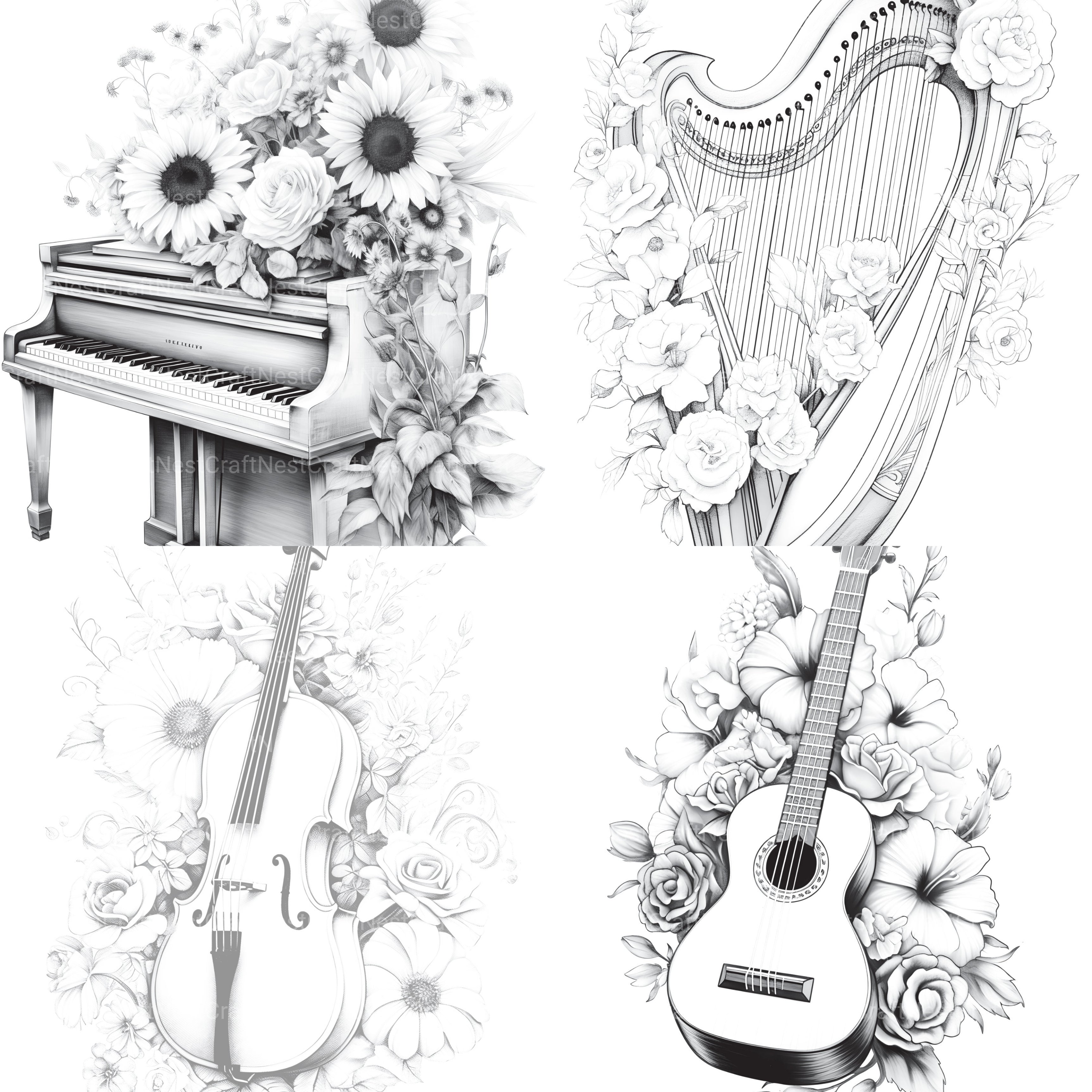 Flower Instrument Coloring Book - CraftNest - Digital Crafting and Art