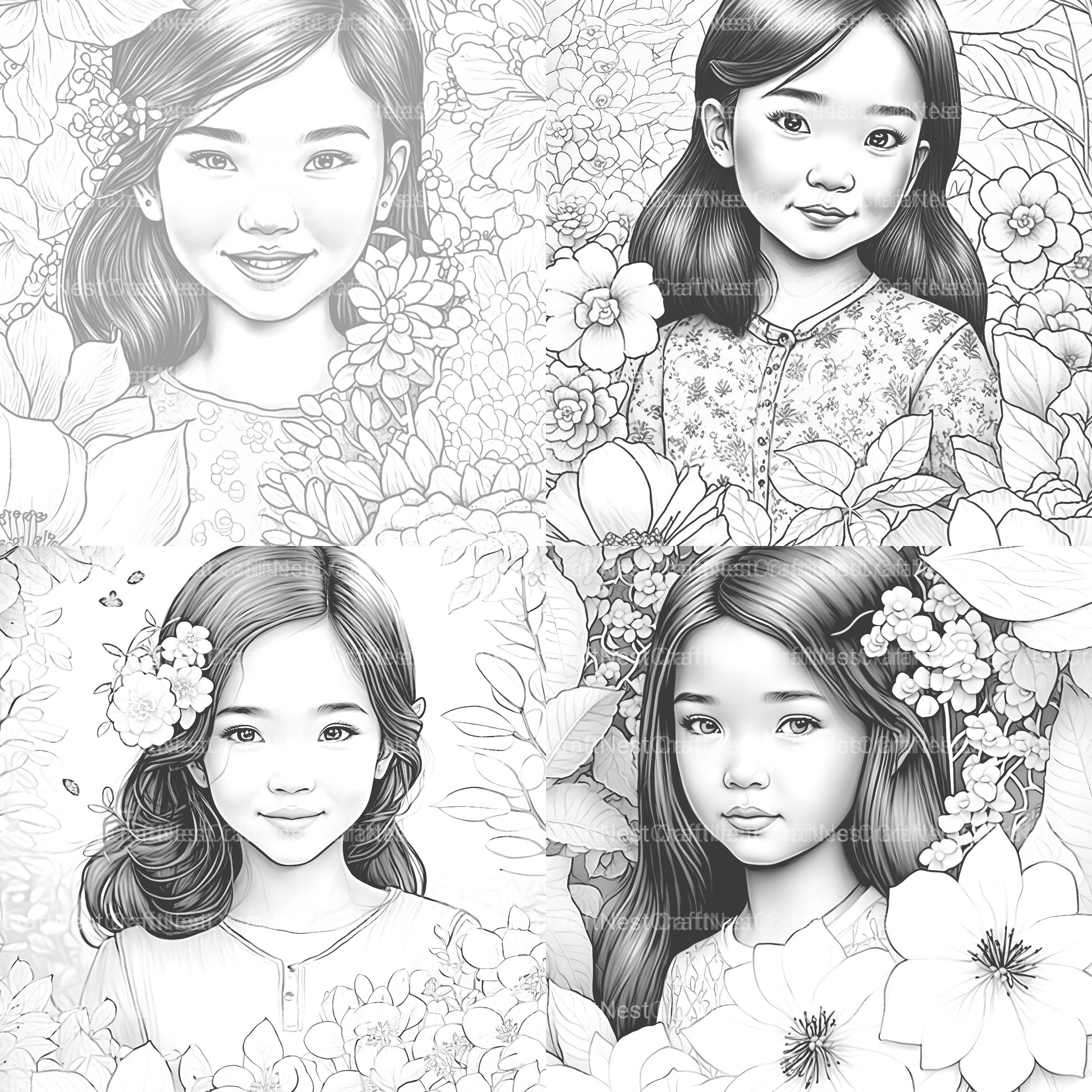 Asian Flower Girl Coloring Book - CraftNest - Digital Crafting and Art