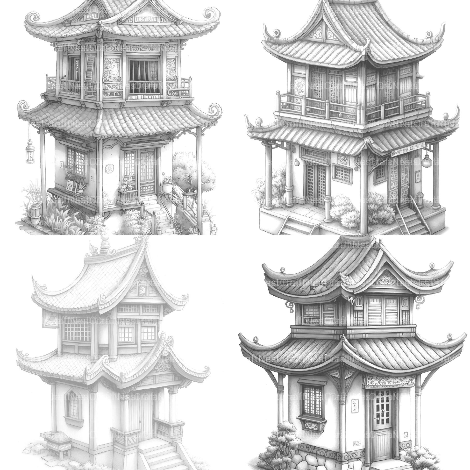 Chinese Tiny House Coloring Book - CraftNest - Digital Crafting and Art
