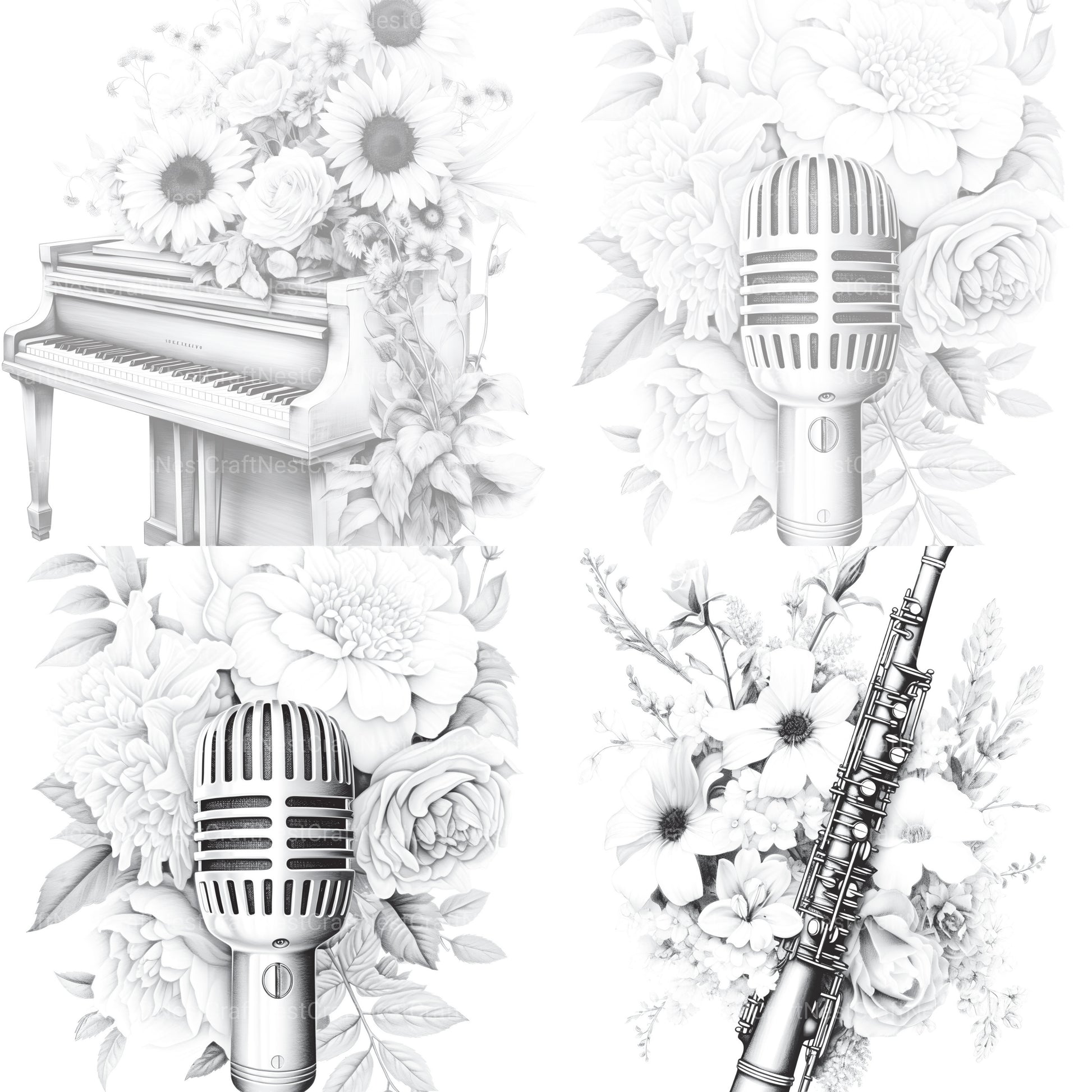 Flower Instrument Coloring Book - CraftNest - Digital Crafting and Art