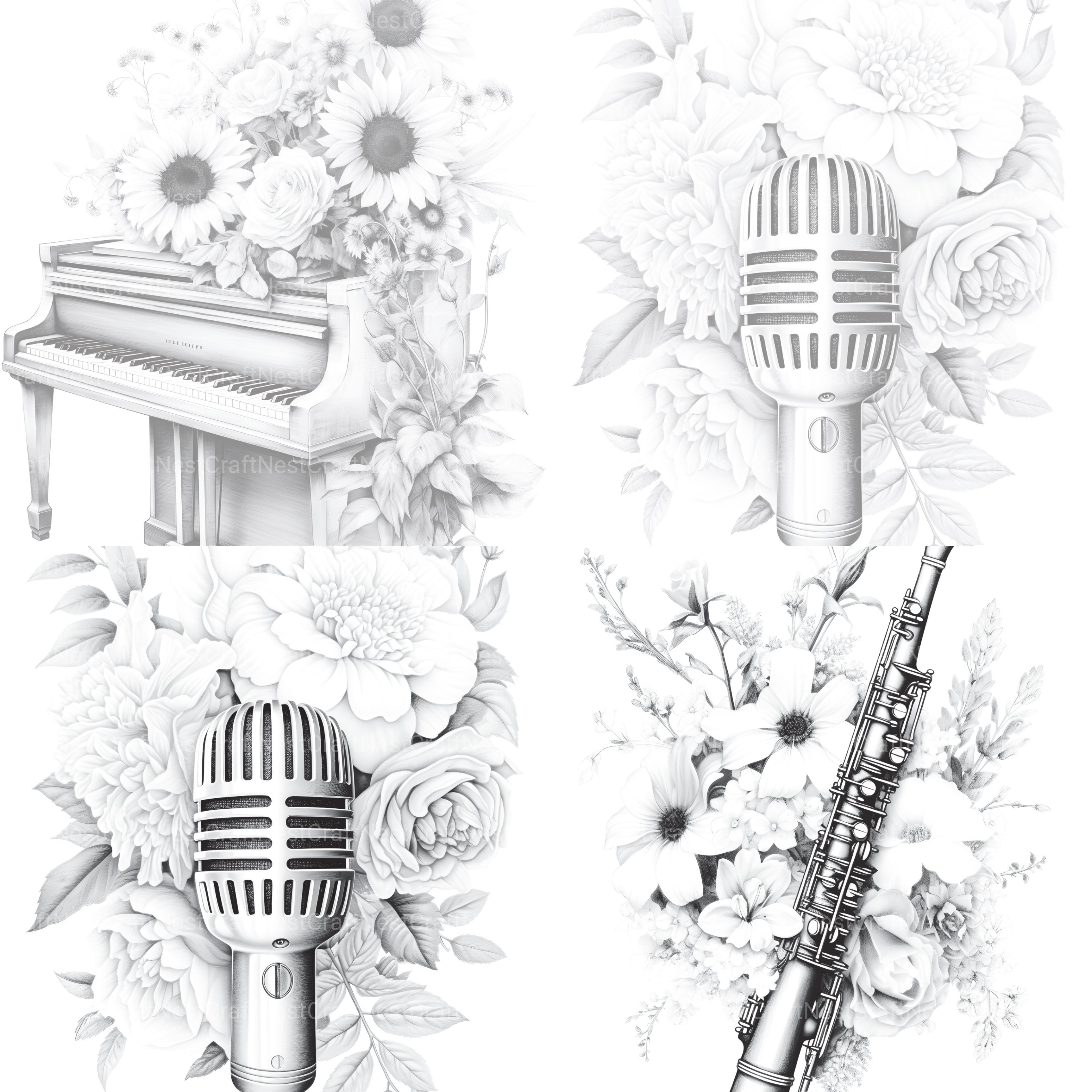 Flower Instrument Coloring Book - CraftNest - Digital Crafting and Art