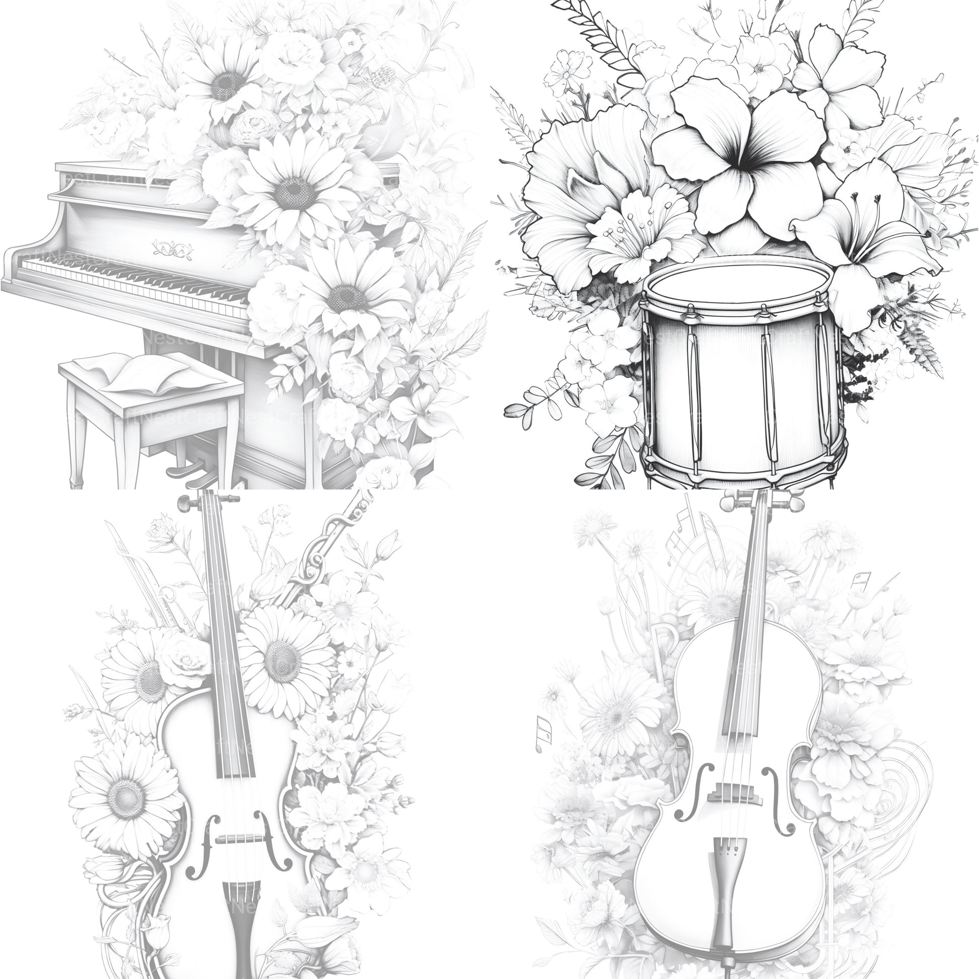 Flower Instrument Coloring Book - CraftNest - Digital Crafting and Art