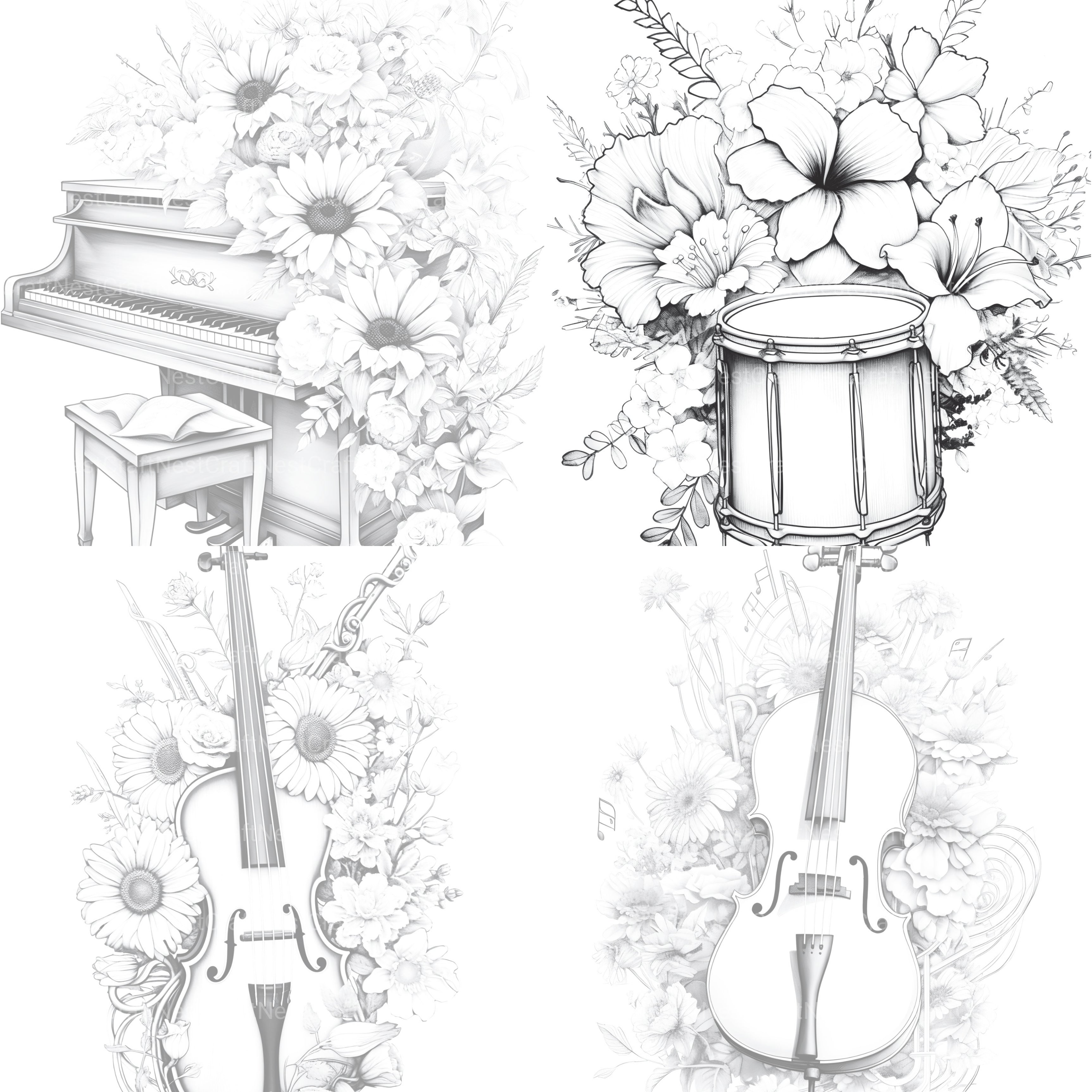 Flower Instrument Coloring Book - CraftNest - Digital Crafting and Art