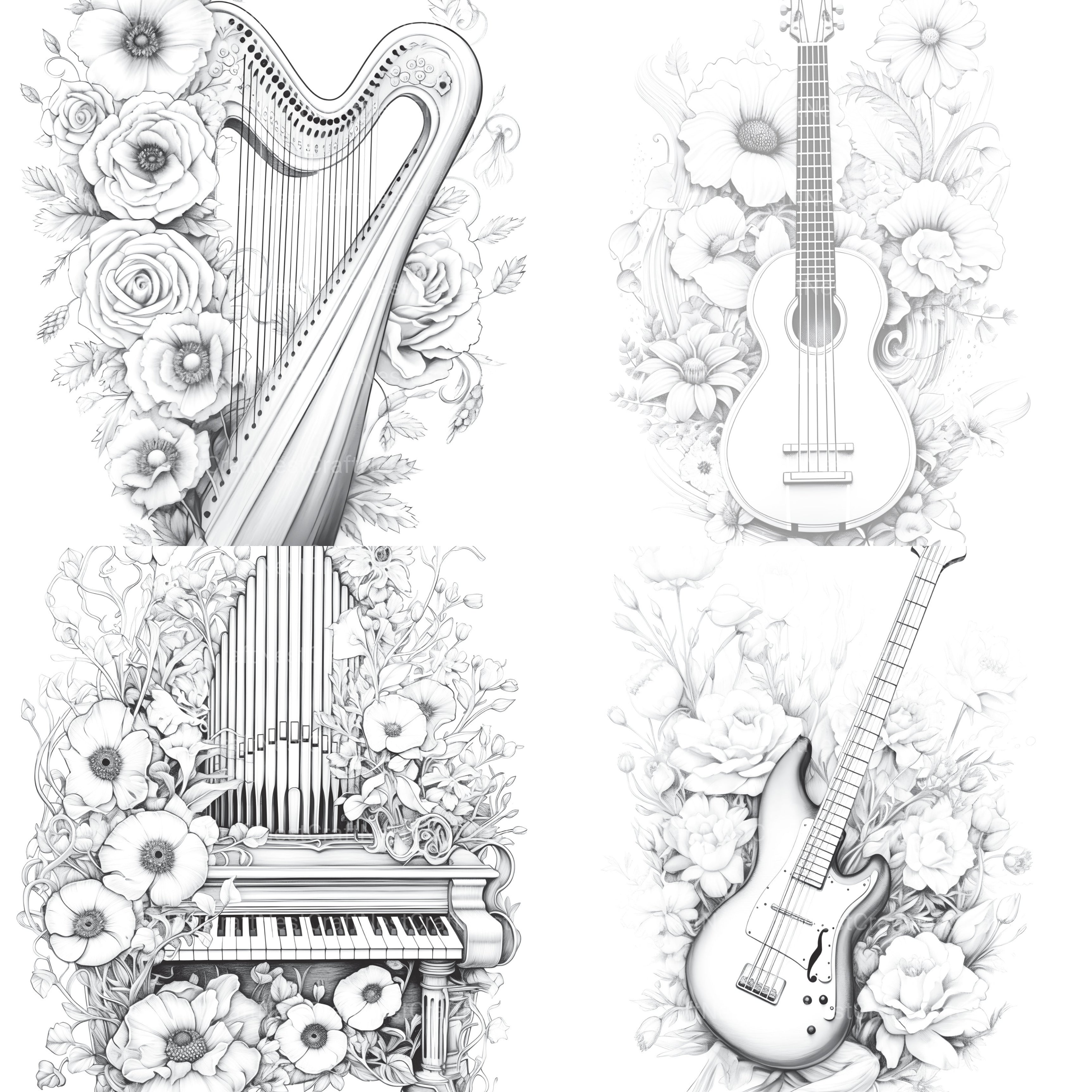 Flower Instrument Coloring Book - CraftNest - Digital Crafting and Art