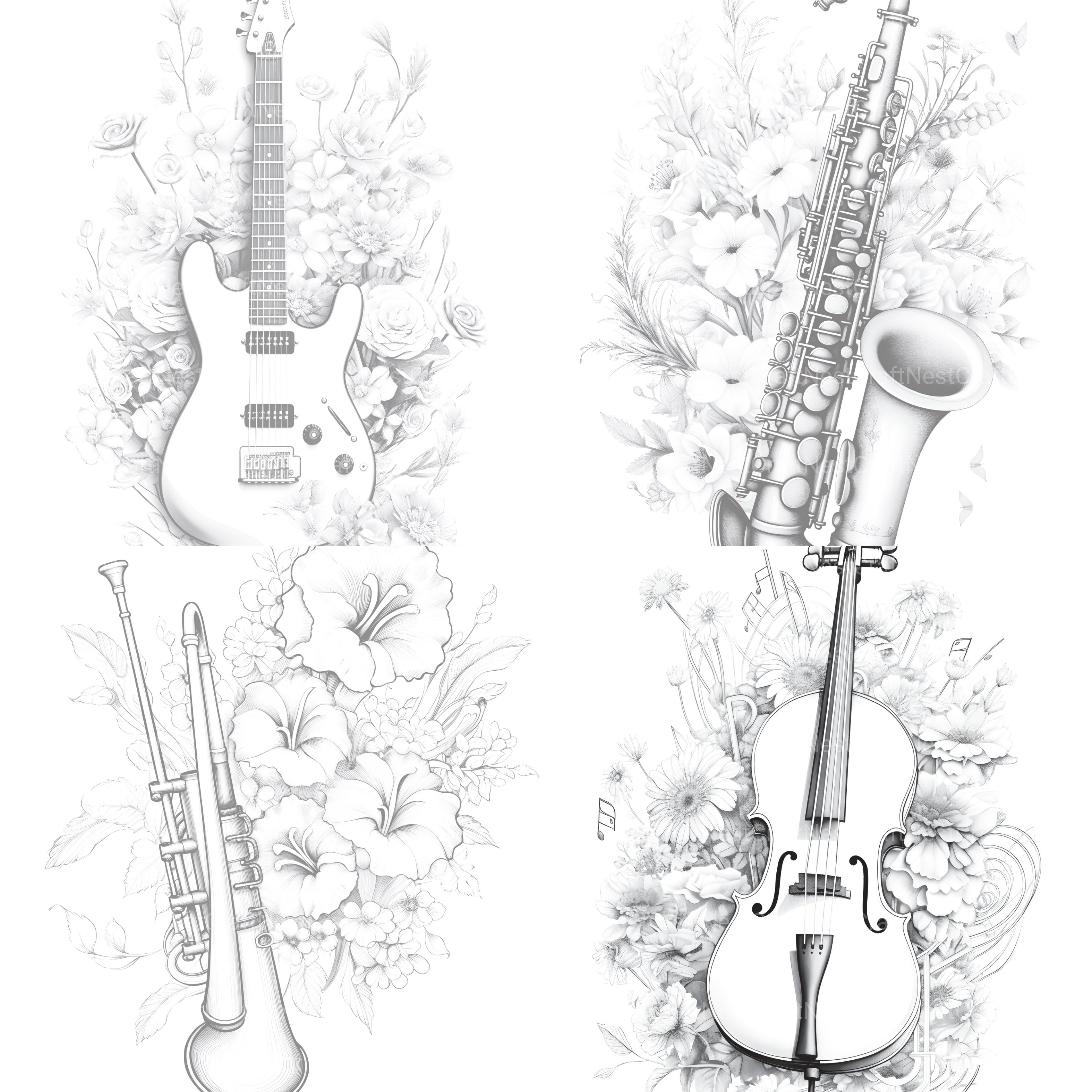 Flower Instrument Coloring Book - CraftNest - Digital Crafting and Art