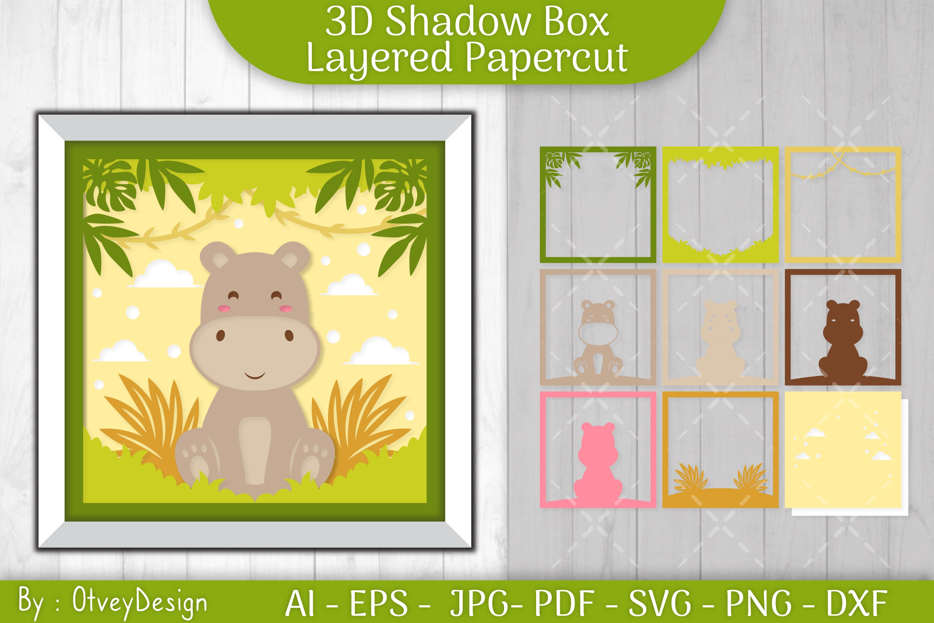 Hippopotamus Shadow Box Layered Papercut SVG Bundle
