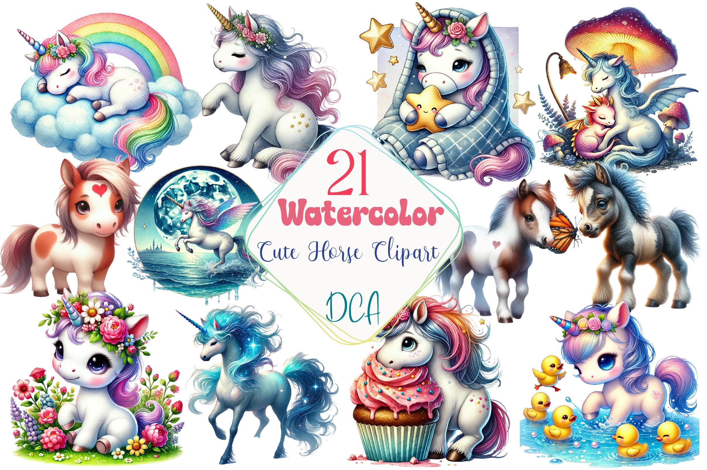 Unicorn Cute Horse Clipart Bundle
