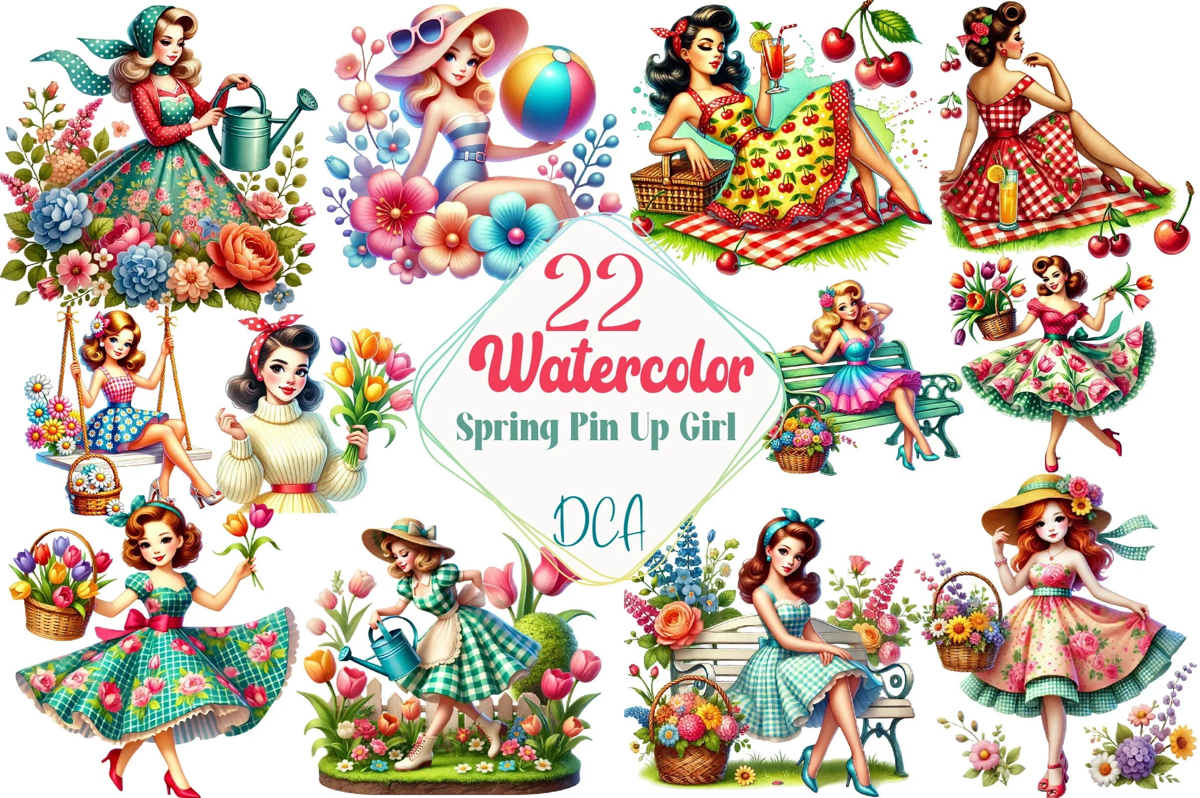 Spring Pin-Up Girl Design Clipart Bundle