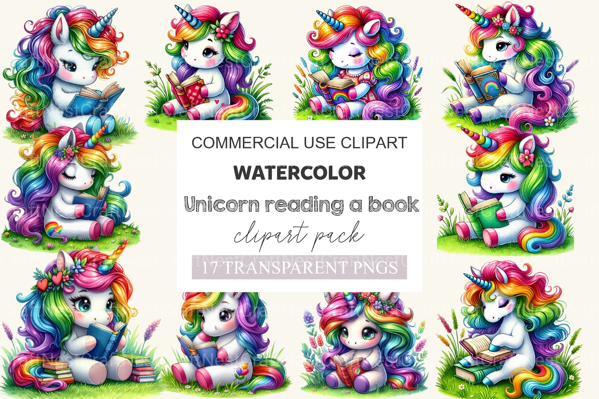 Unicorn Reading A Book Clipart Bundle - CraftNest - Digital Crafting and Art