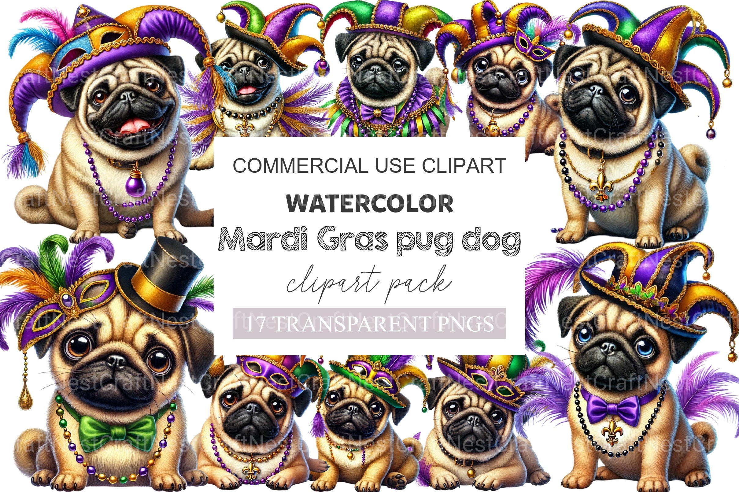 Mardi Gras Pug Dog Clipart Bundle - CraftNest - Digital Crafting and Art
