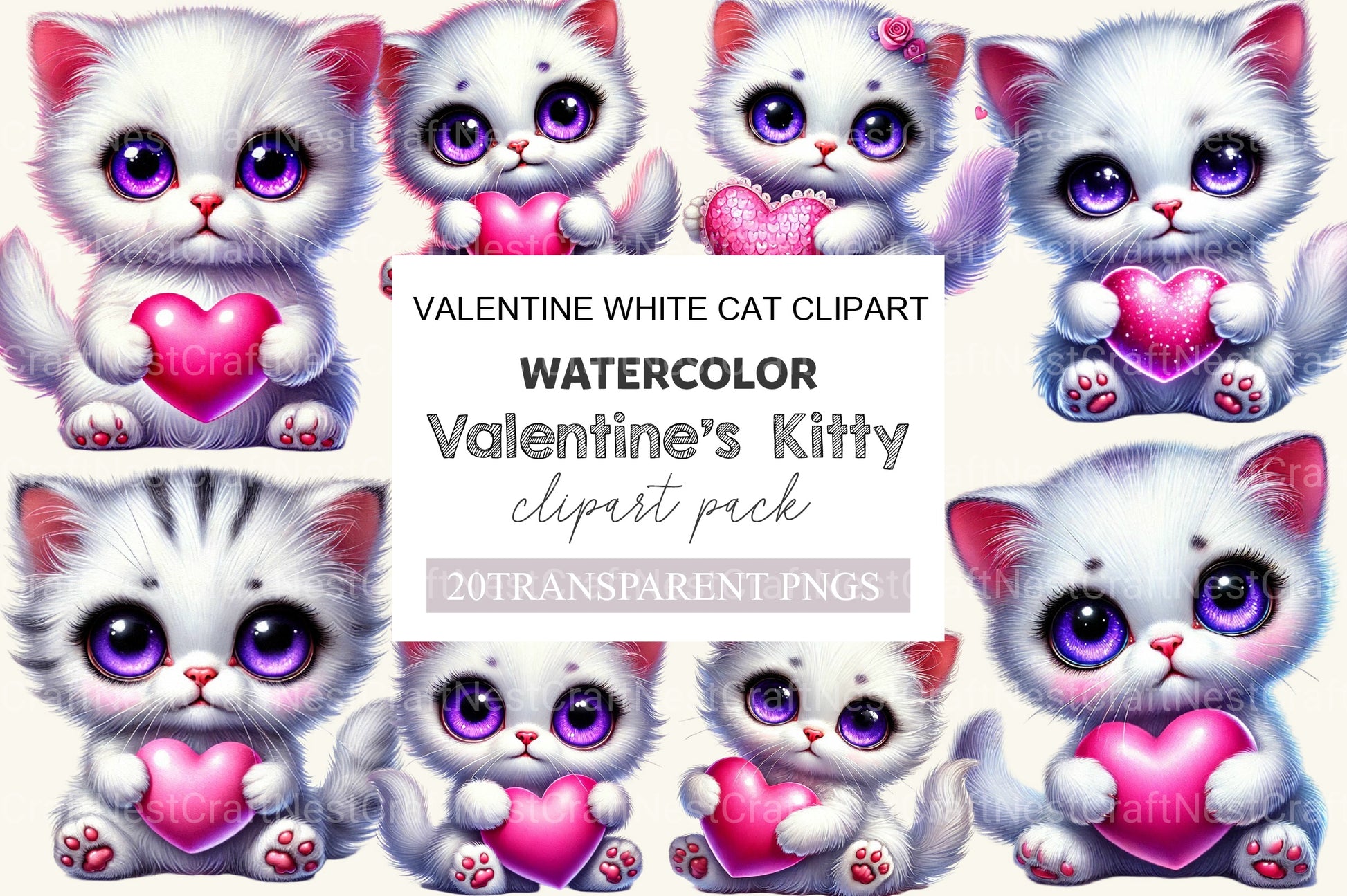 Valentine White Cat Clipart Bundle - CraftNest - Digital Crafting and Art