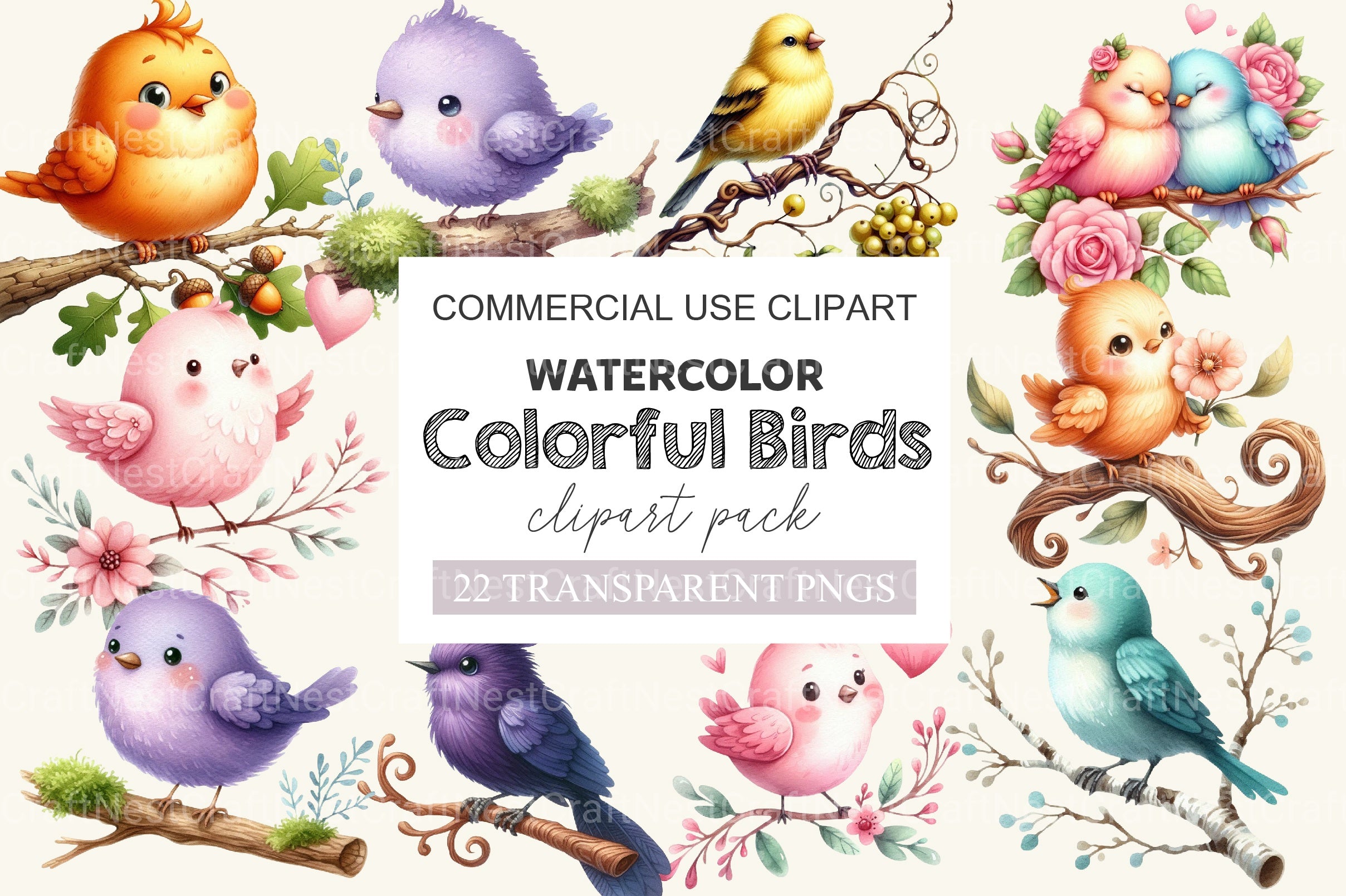 Colorful Birds On Branch Clipart Bundle - CraftNest - Digital Crafting and Art