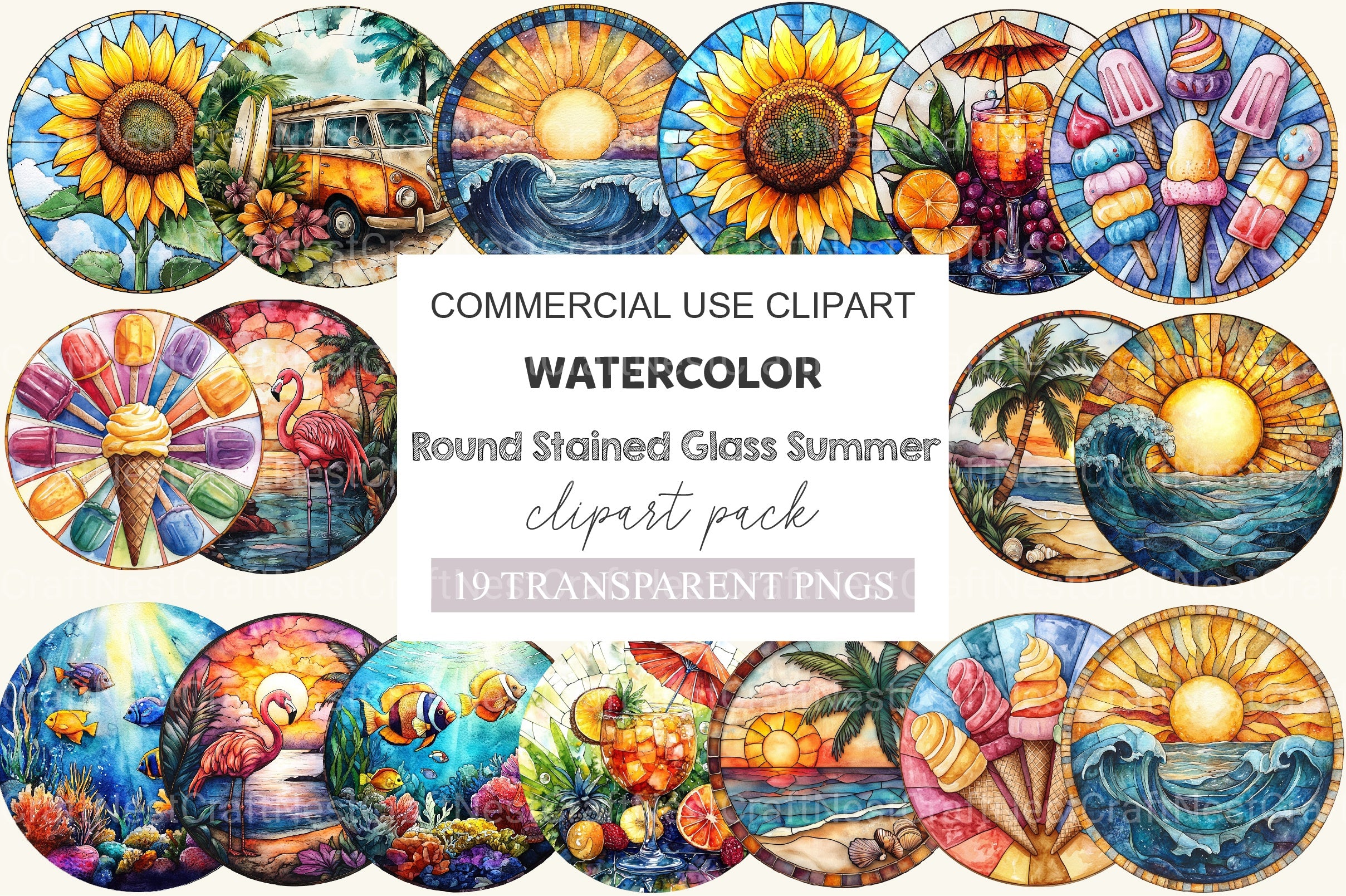 Round Stained Glass Summer Clipart Bundle 3 - CraftNest - Digital Crafting and Art