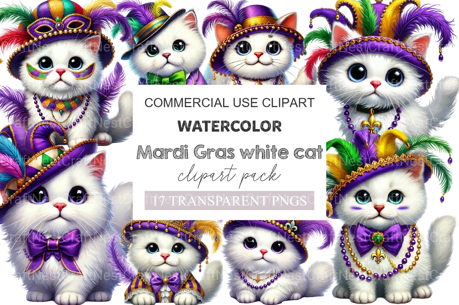Mardi Gras White Cat Clipart Bundle - CraftNest - Digital Crafting and Art
