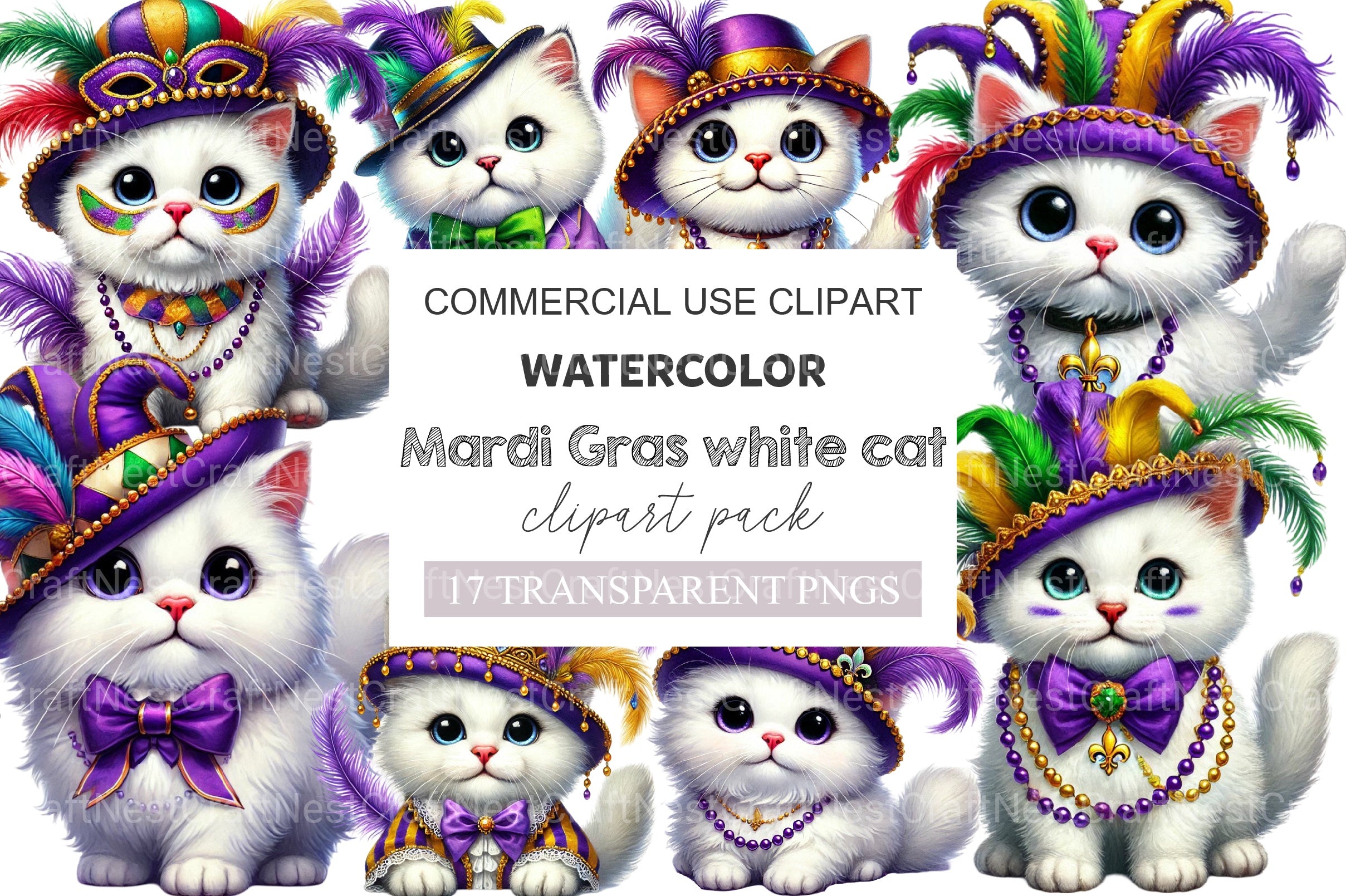 Mardi Gras White Cat Clipart Bundle - CraftNest - Digital Crafting and Art