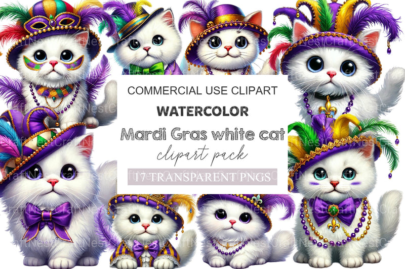 Mardi Gras White Cat Clipart Bundle - CraftNest - Digital Crafting and Art
