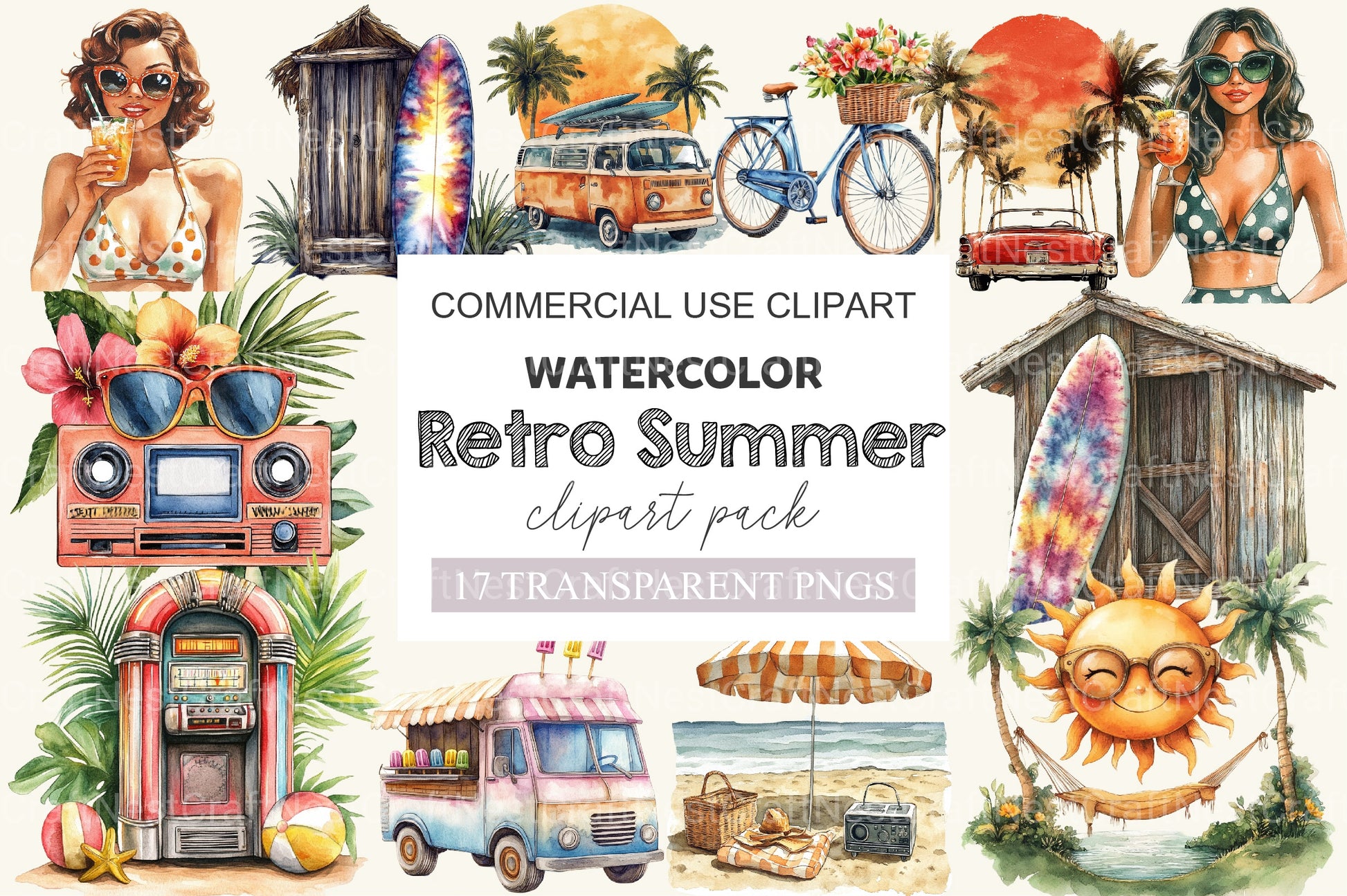 Retro Summer Clipart Bundle 2 - CraftNest - Digital Crafting and Art