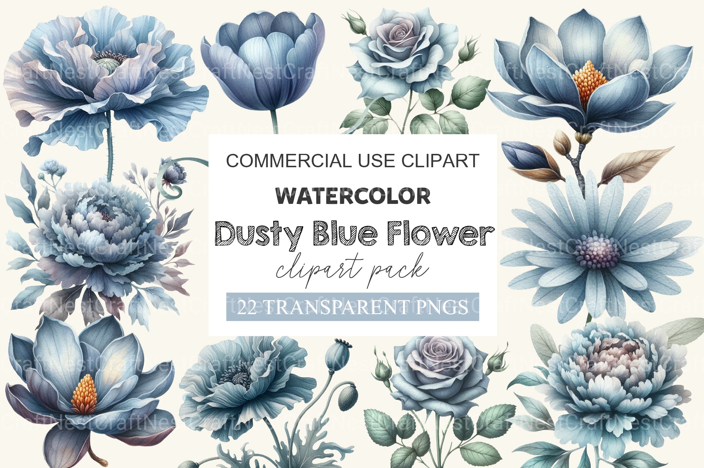 Dusty Blue Flower Clipart Bundle - CraftNest - Digital Crafting and Art
