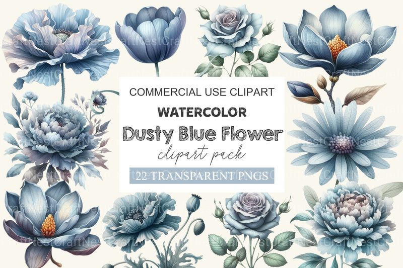 Dusty Blue Flower Clipart Bundle - CraftNest - Digital Crafting and Art