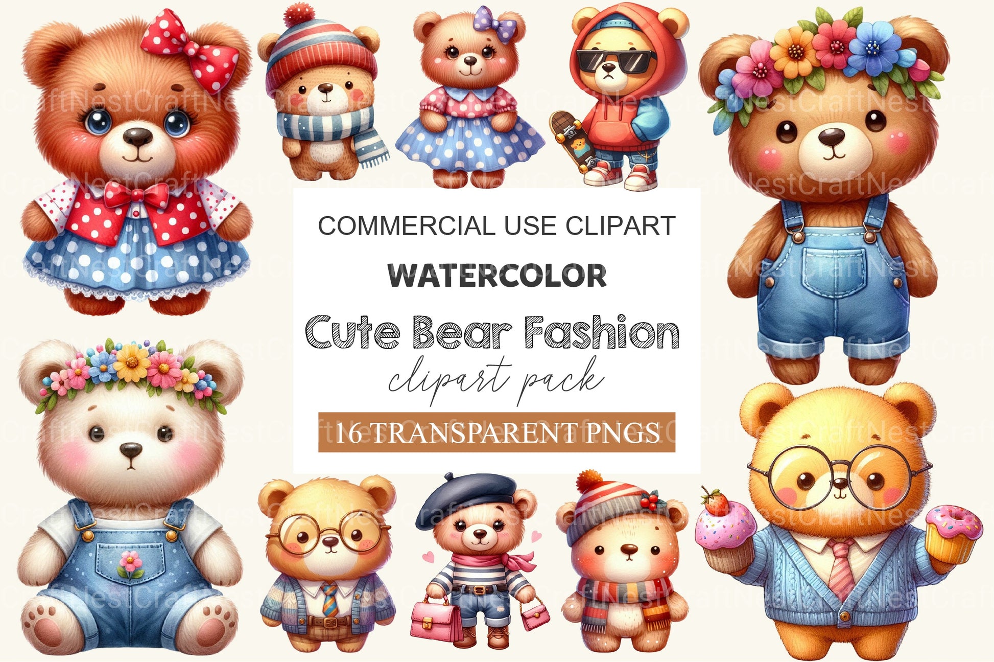 Cute Bear Fashion Clipart Bundle - CraftNest - Digital Crafting and Art