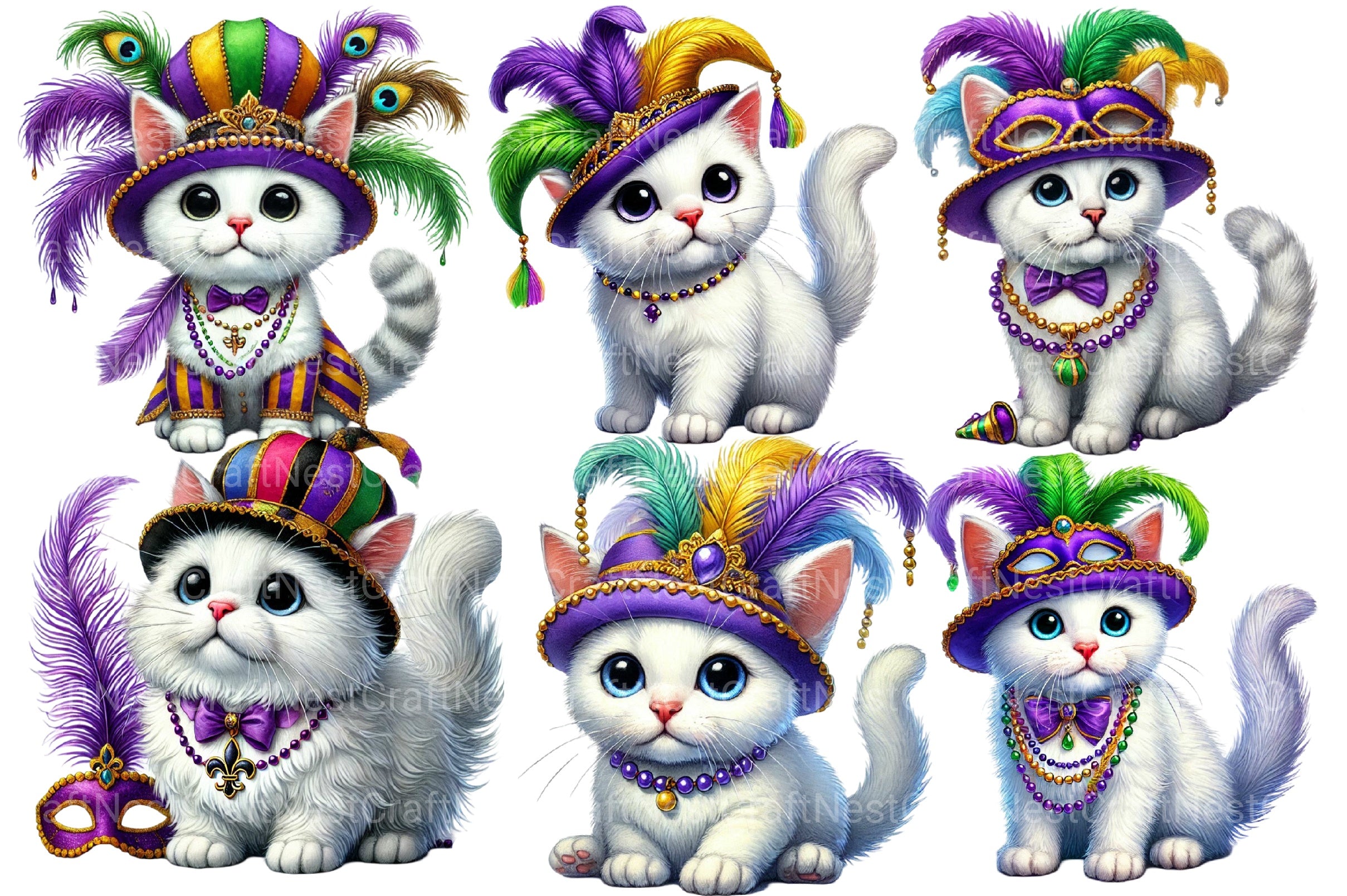Mardi Gras White Cat Clipart Bundle - CraftNest - Digital Crafting and Art