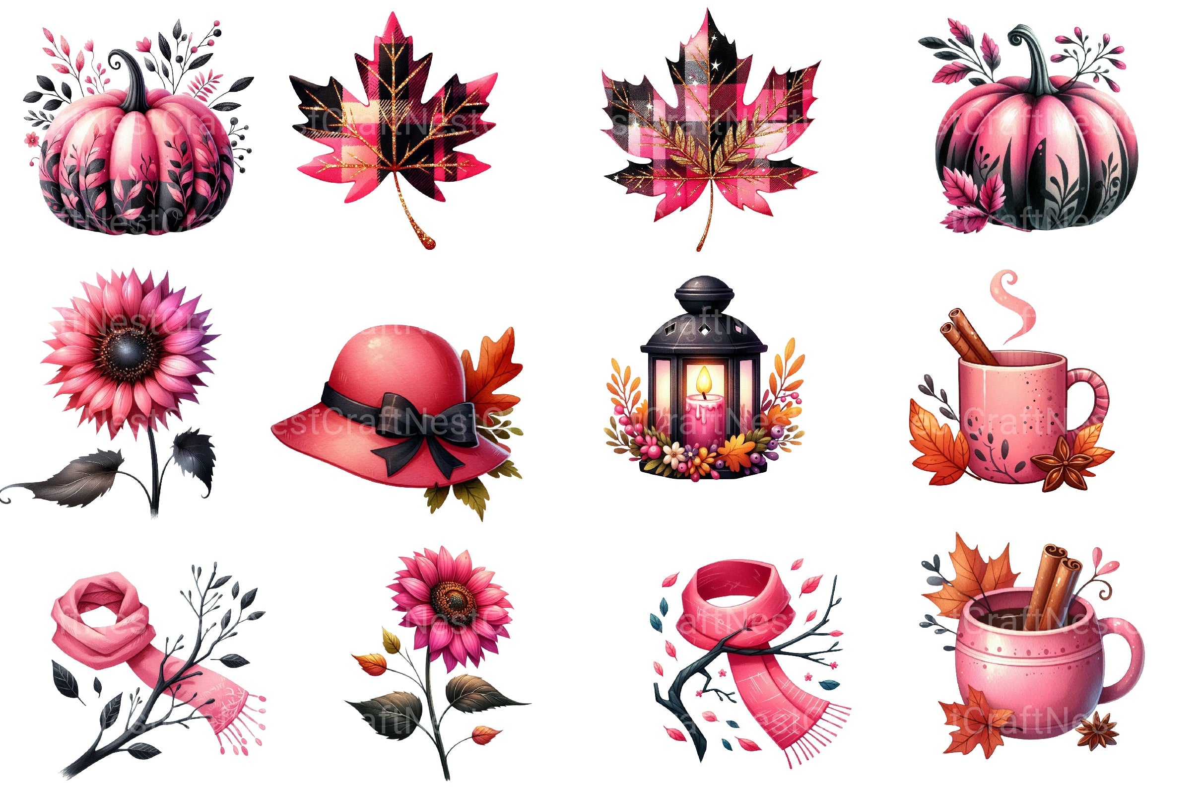Pink Black Autumn Clipart Bundle - CraftNest - Digital Crafting and Art