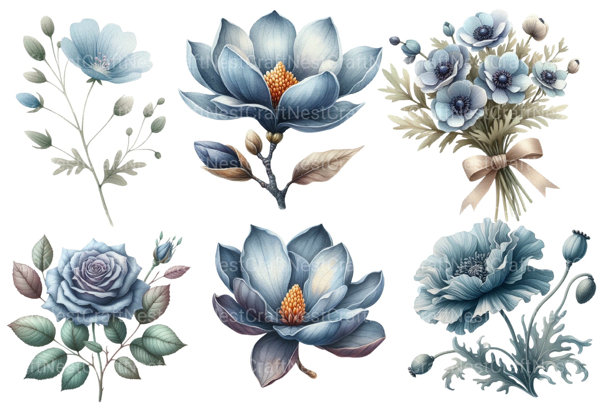 Dusty Blue Flower Clipart Bundle - CraftNest - Digital Crafting and Art