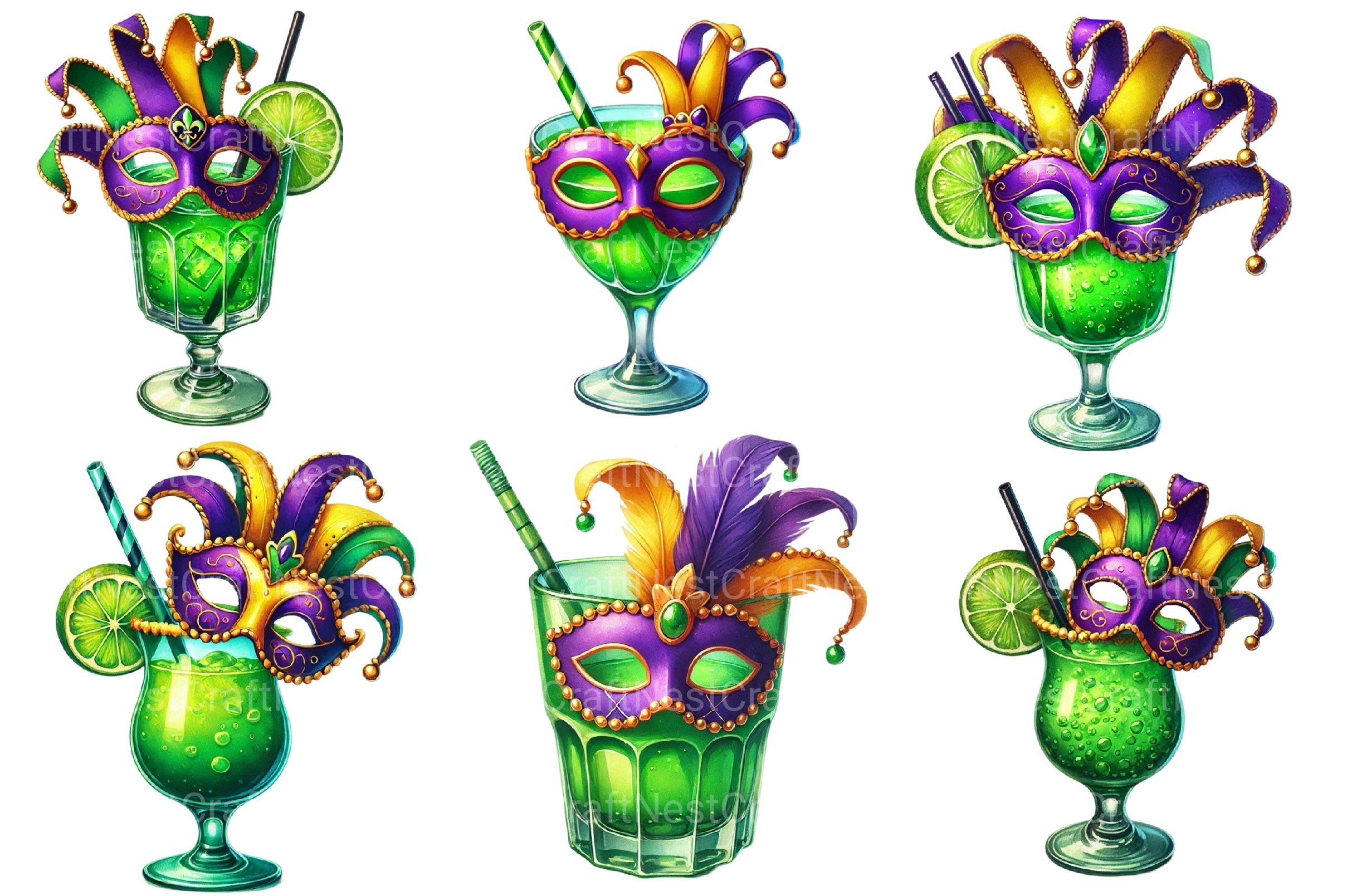 Mardi Gras Cocktail Glass Clipart Bundle - CraftNest - Digital Crafting and Art