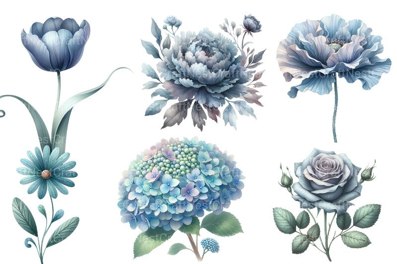 Dusty Blue Flower Clipart Bundle - CraftNest - Digital Crafting and Art