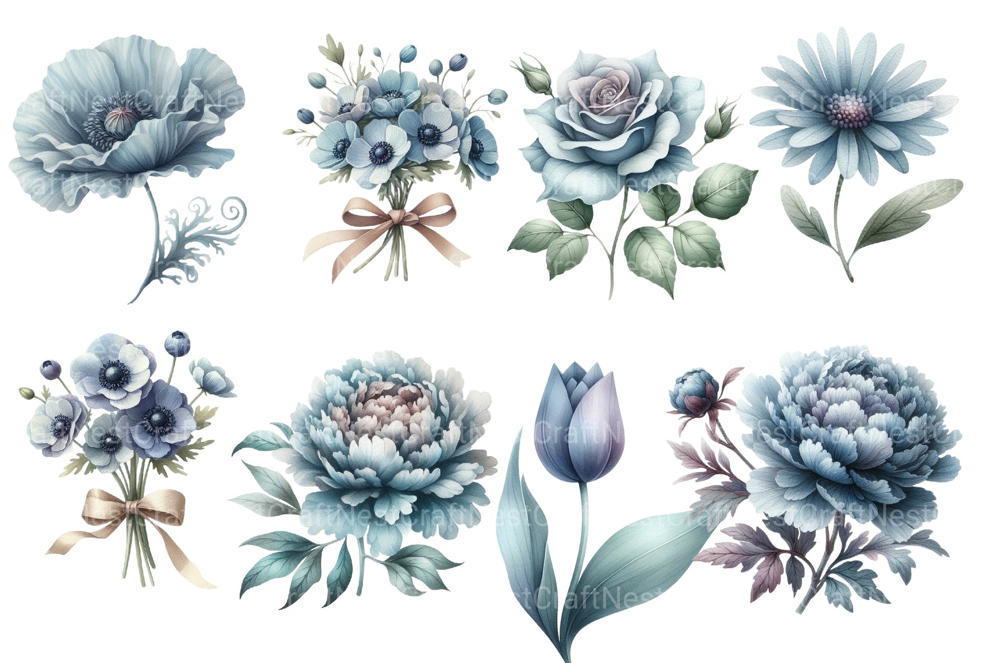 Dusty Blue Flower Clipart Bundle - CraftNest - Digital Crafting and Art