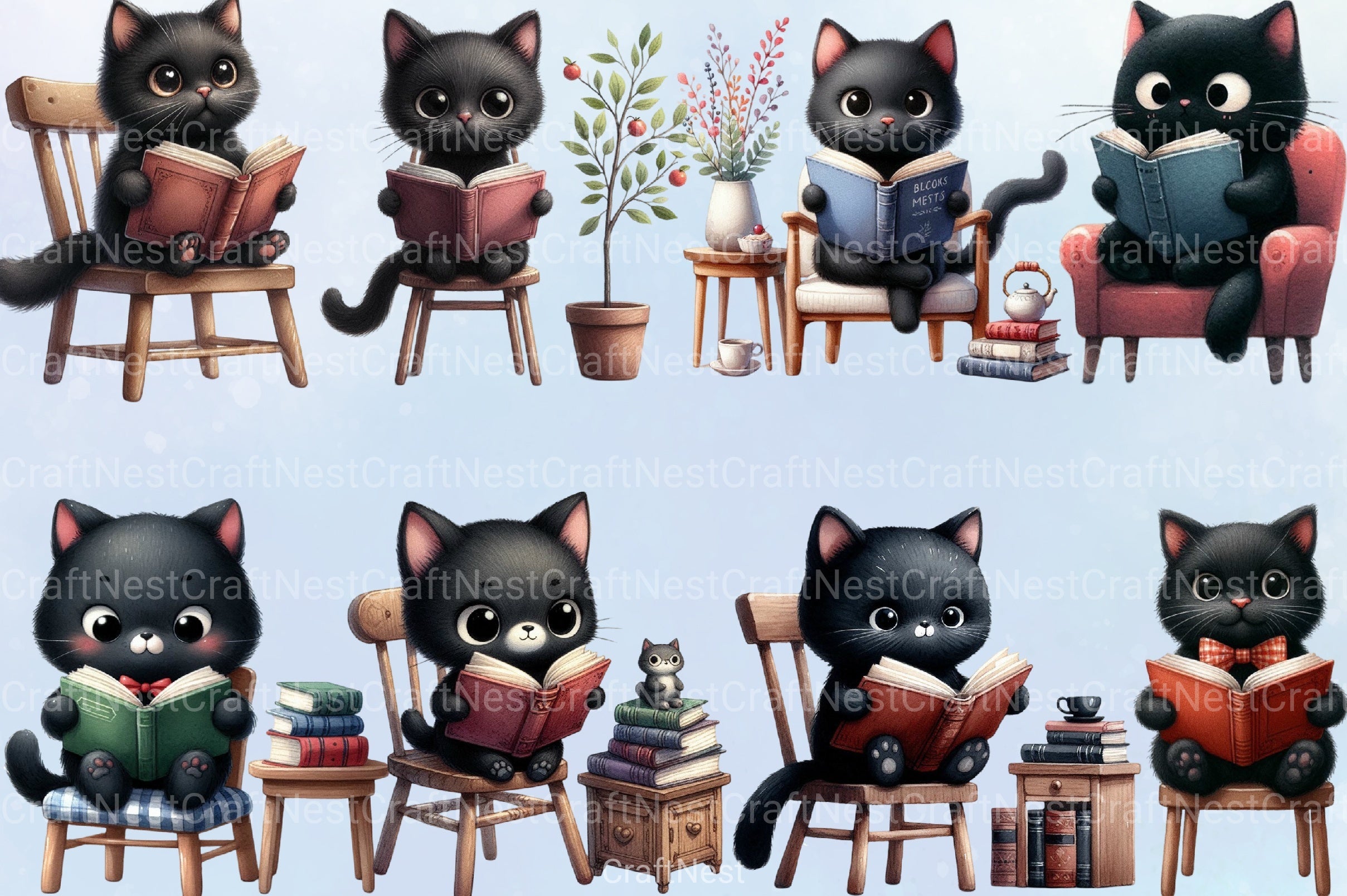 Black Cat with Book Clipart Bundle - CraftNest - Digital Crafting and Art