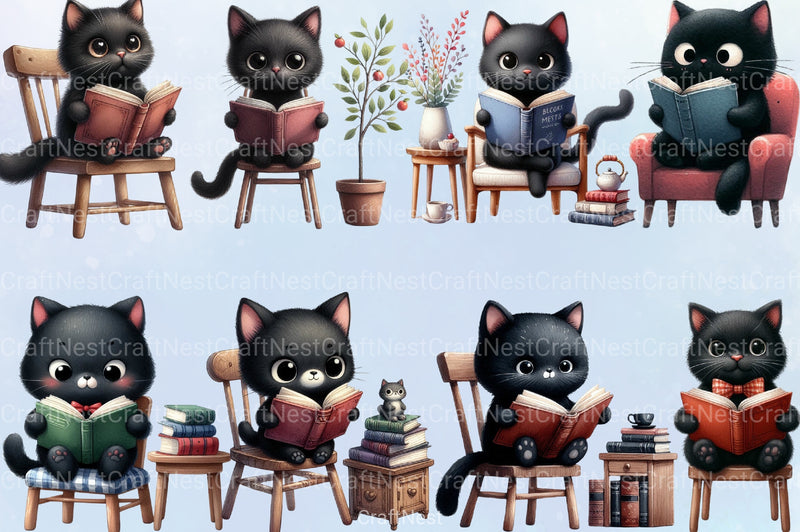 Black Cat with Book Clipart Bundle - CraftNest - Digital Crafting and Art