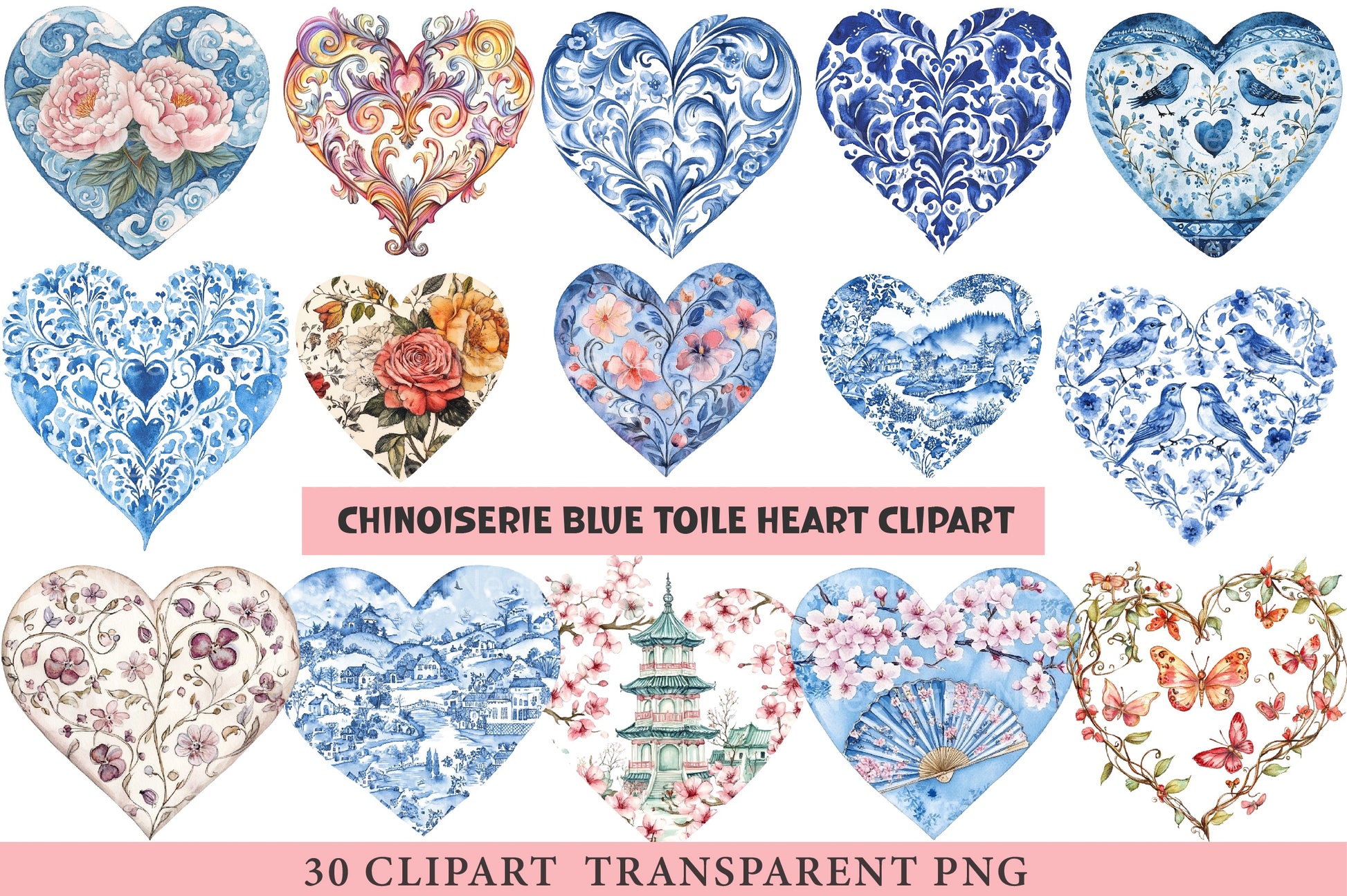 Chinoiserie Blue Toile Heart Clipart Bundle - CraftNest - Digital Crafting and Art