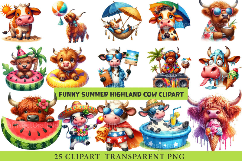Funny Summer Highland Cow Clipart - CraftNest - Digital Crafting and Art